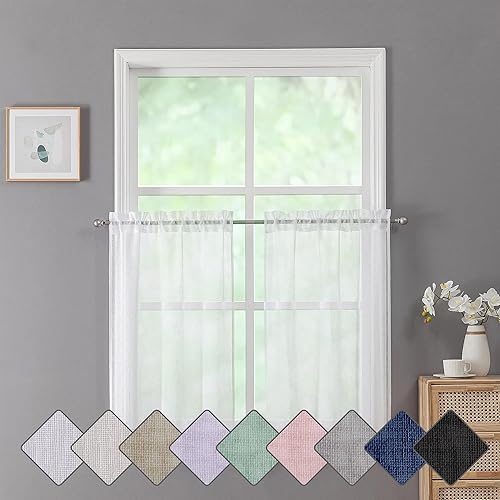 Chyhomenyc Dianna - Cortinas traslúcidas blancas de cocina de 36 pulgadas de largo, cortinas de arpillera con textura de lino sintético, cortinas