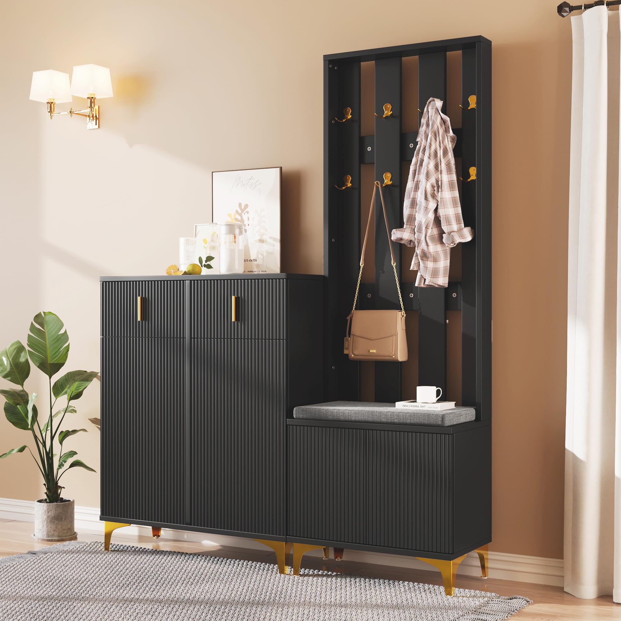 sogesfurniture Set di Guardaroba, Guardaroba per Corridoio con 8 Ganci per Abiti, Scarpiera con Cuscino, Grande Armadio con 2 Cassetti e Ante, per Corridoio e Ingresso (Nero)