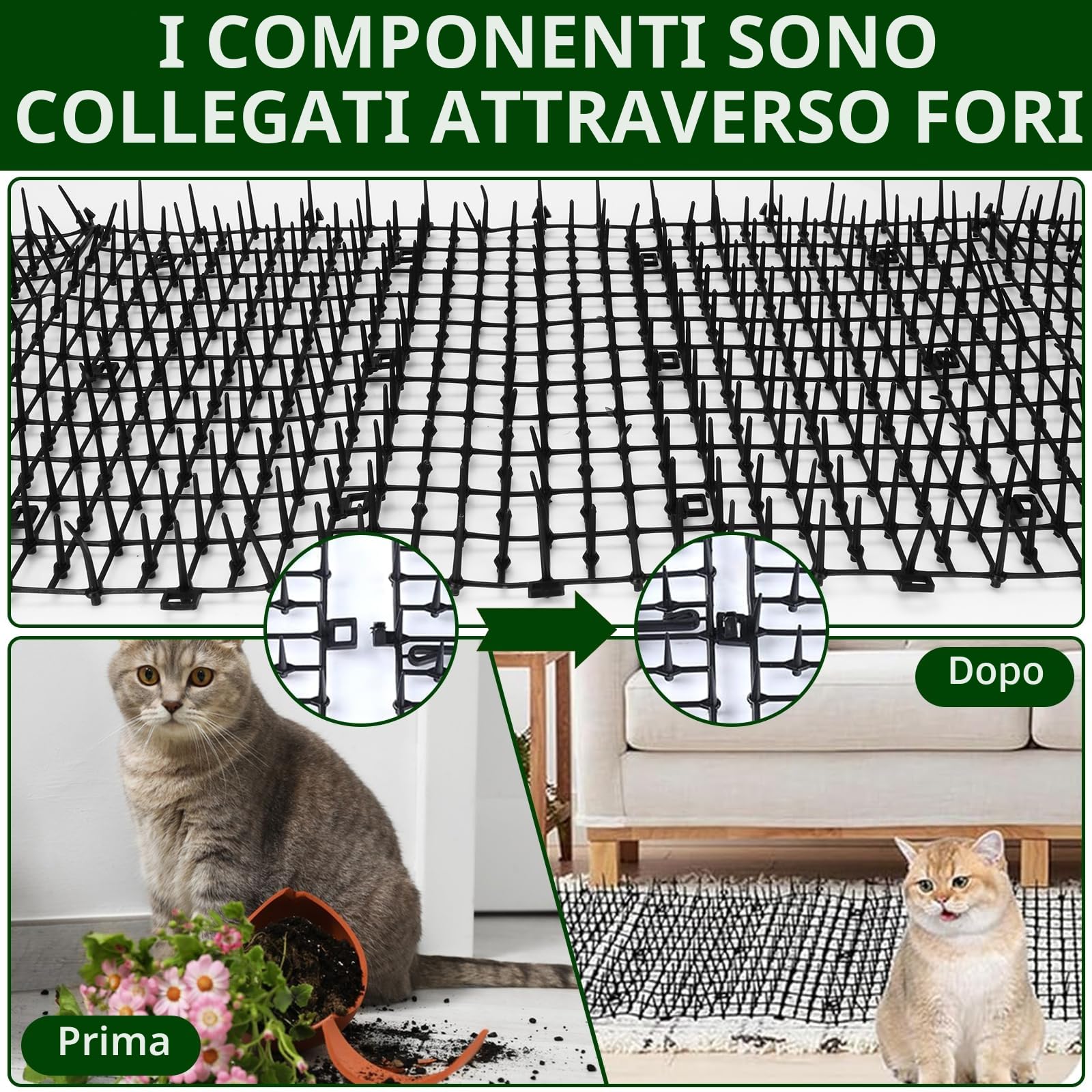 AKOLAFE Tappetino per gatti con 8 picchetti in metallo per esterni, 400 x 30 cm, anti punte, repellente per gatti, cani, volpi, deterrenti per scavare cani da giardino, gatti, volpi
