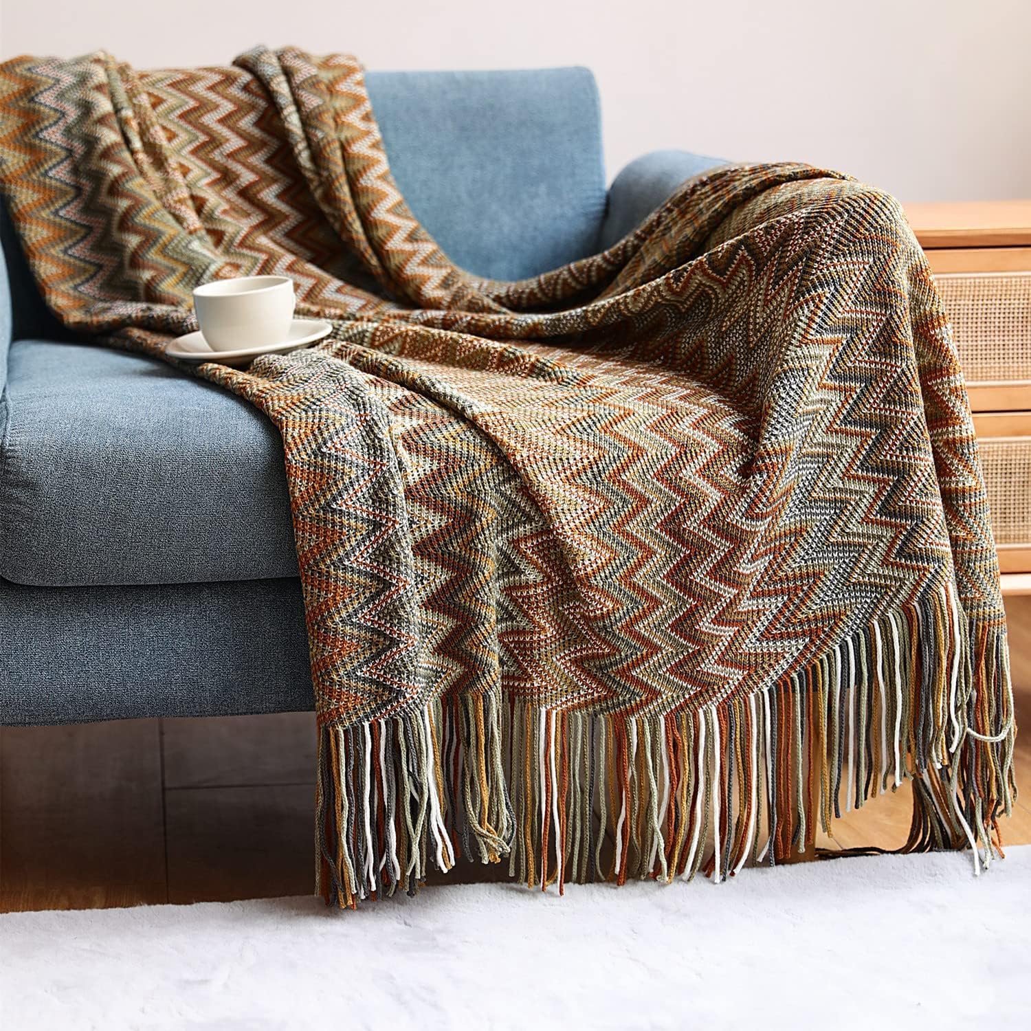 X spring Boho Throw Blanket, 127x152cm Stripe Woven Blanket for Chair Couch Decorative, Super Soft Cozy Warm Throw Blankets with Tassels, Knit Throw Blankets for Bed Sofa Office (Brown)