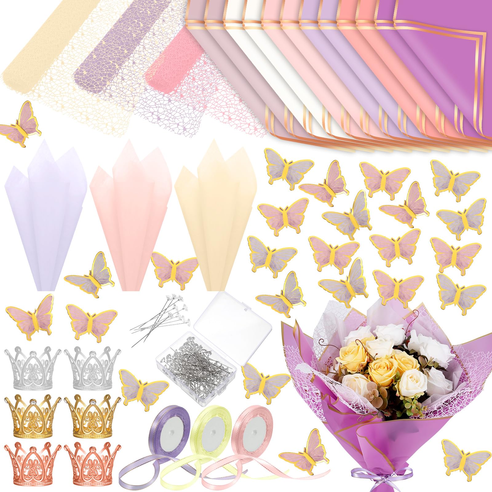 Qilery 334 fogli di carta da regalo per bouquet di fiori, impermeabile, per fioristi, decorazioni a farfalla, corone, nastri, bouquet di spille, colla, per fai da te (colore adorabile)