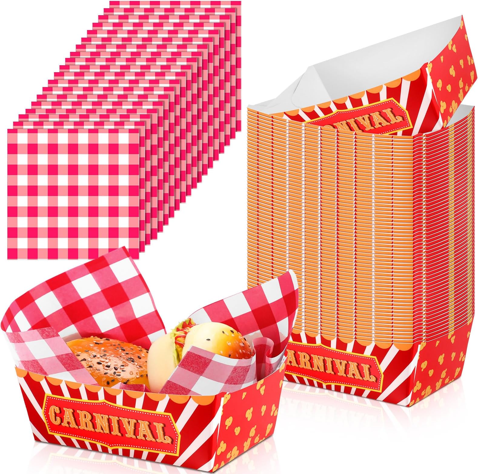 Funrous 100 Pcs Carnival Party Supplies 1.1 lb 50 Food Trays Boats with 50 Grease Waxed Deli Paper Carnival Nacho Trays Popcorn Hot Dog Basket Food Holder for Birthday Decoration Assembled