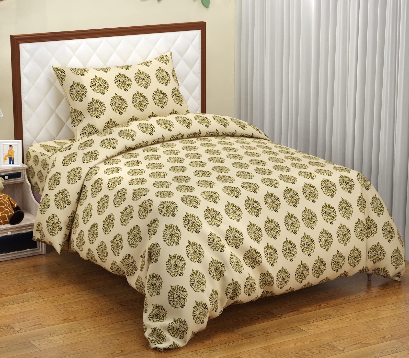 Trance Home Linen 200TC 100% Cotton Printed Zippered Single Size Duvet Cover/Blanket/Quilt | Comforter Cover/Razai Cover | with 1 Pillow Cover (60 x 92 Inch | Damask Forest Green)