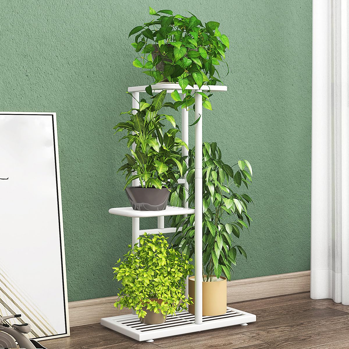 Uwenkjie The white 3-layer metal plant rack can accommodate 4 pots of fresh flowers. Indoor and outdoor