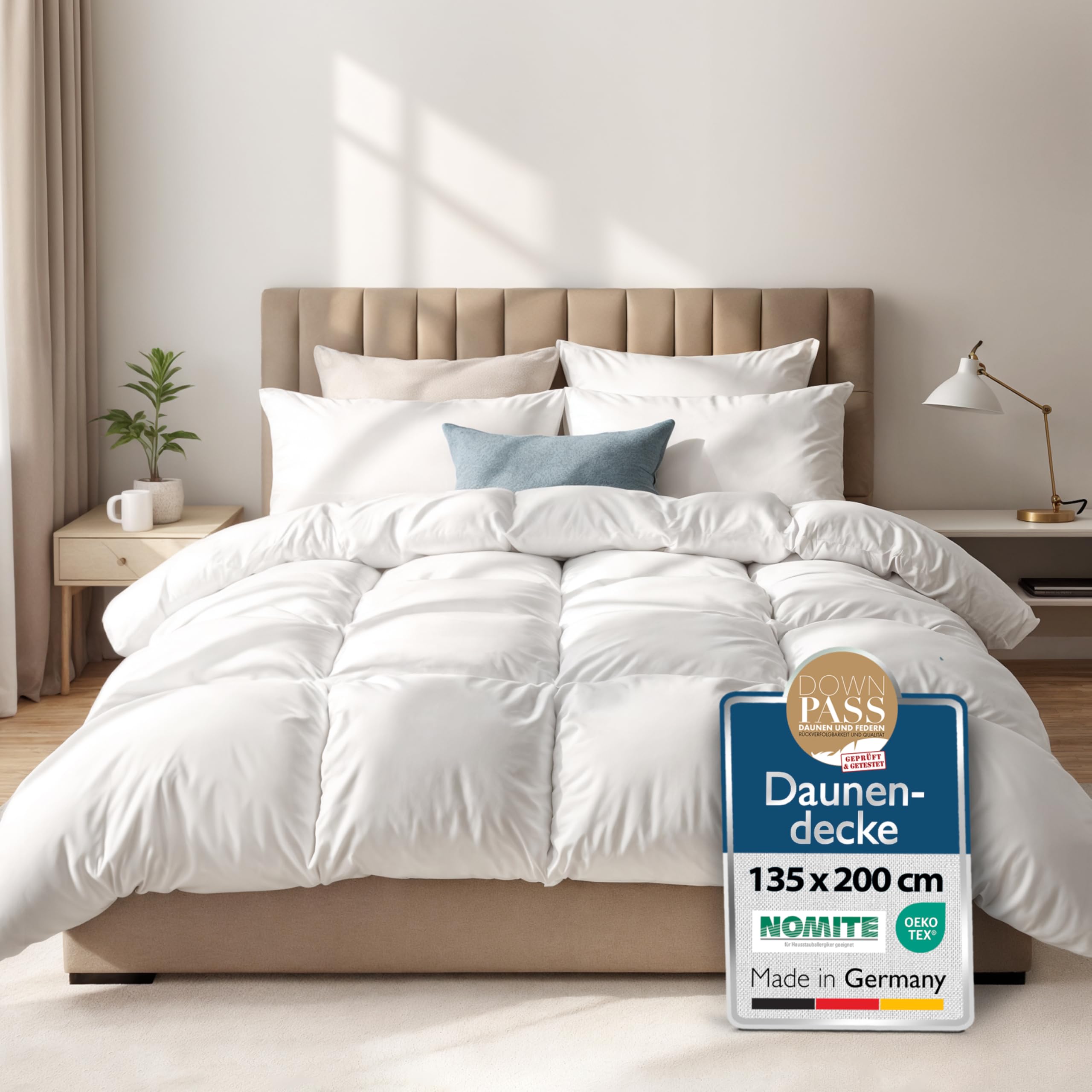 Beautissu Daunendecke Winter Ganzjahresbettdecke 90% Daunen | 135x200 Downpass Nomite Baumwollbezug 4 Jahreszeiten Federbettdecke waschbar Bettdecke Winterbettdecke warm Premium