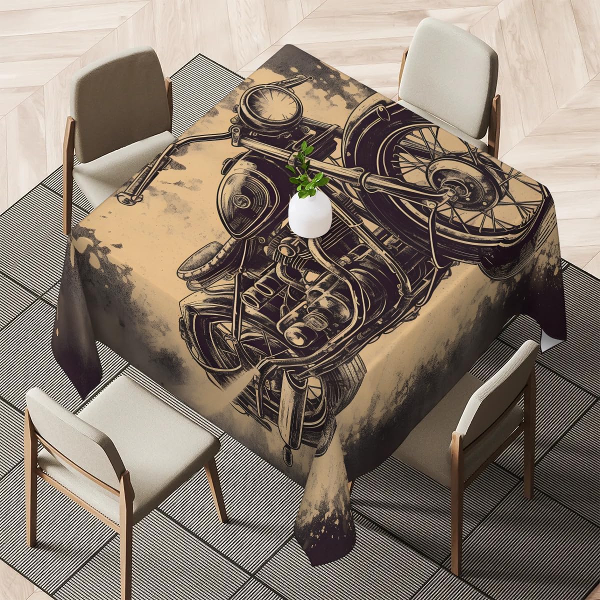 Vintage Motorcycle Square Tablecloth 60x60 Inch, Waterproof Polyester Fabric Table Cloth Stain and Resistant Washable Table Cover for Kitchen Dining Picnic Party Home