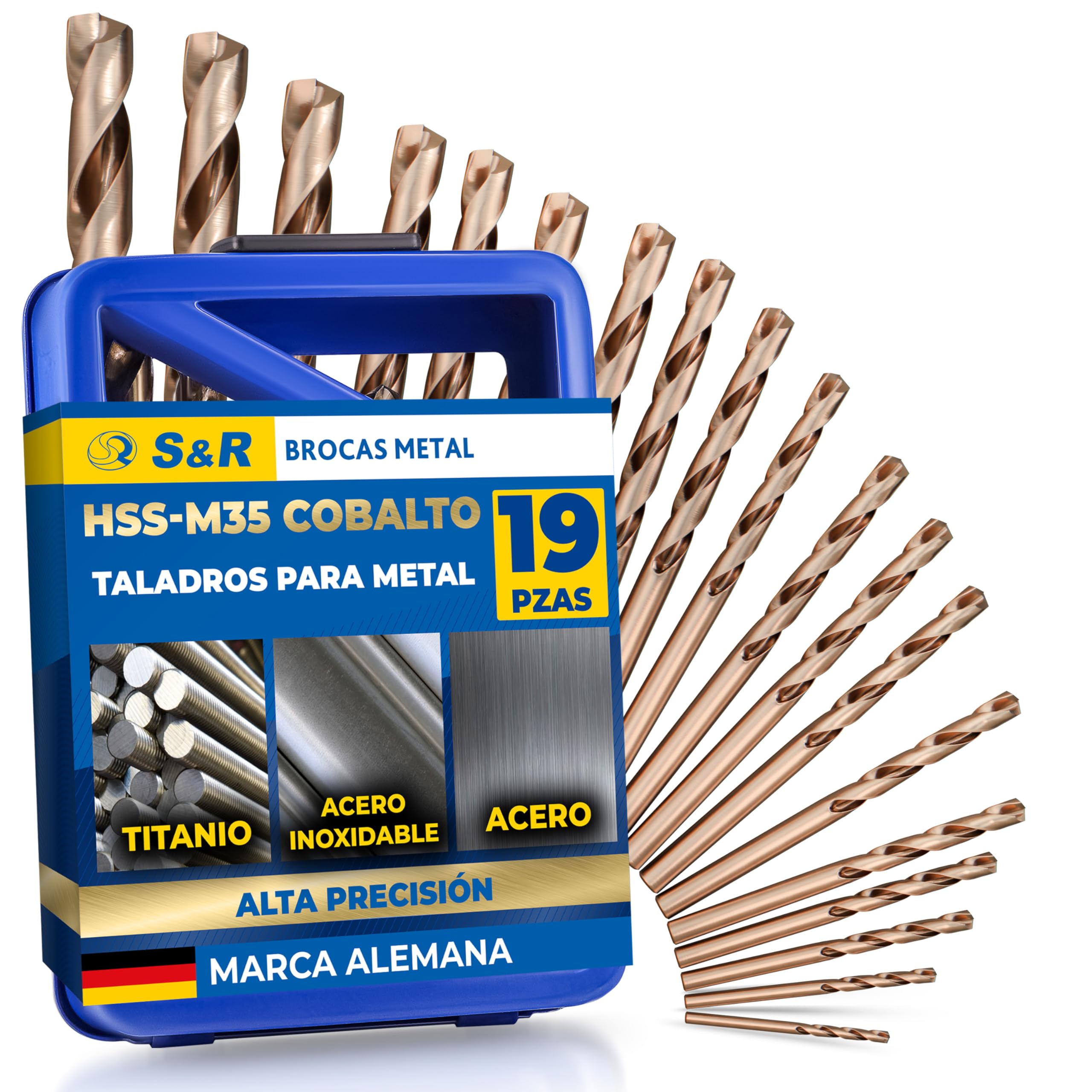 S&R Brocas HSS para Metal Profesionales. Juego de 19 brocas de 1,0 a 10 mm, DIN 338, HSS cobalto, cobalto aleado C - corte pulido a la norma DIN 1412 135 °. En solida caja de metal. | DIN 338 - HSS cobalto - cobalto aleado C - corte pulido a la norma DIN 1412 135 ° - solida caja de metal