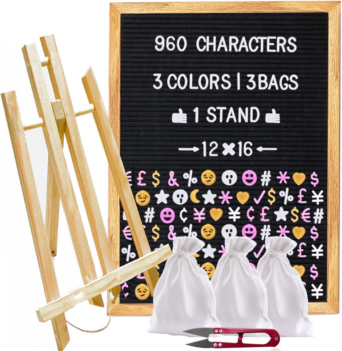Felt Letter Board 12x16 with 960 Letters (White, Pink, Gold), 3 Travel Bags, Oak Stand, Scissors, and 60 Emojis (3 Colors). Square 10X10 Inches Sign with Changeable Messages and Characters …