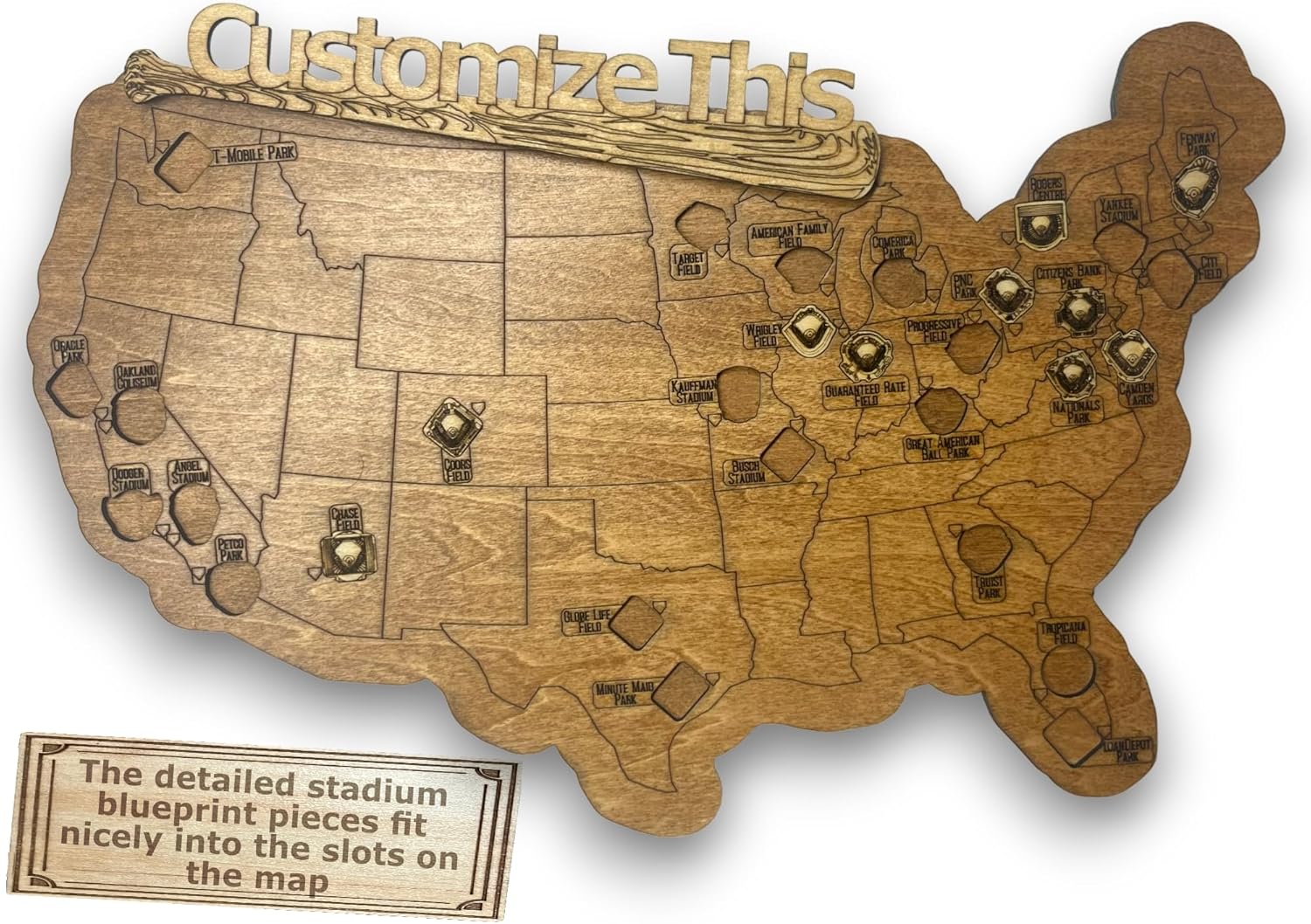 Baseball Stadium Tracker: Handcrafted Travel Map with Ballpark Blueprint Pieces (Dark Brown, Custom Map)