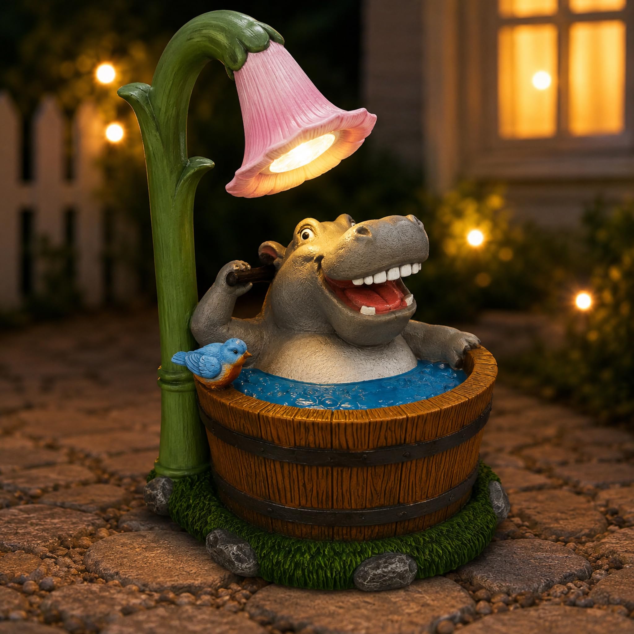 Xarizon Bathing Hippo Garden Ornaments with Solar Lights Gifts for Birthday