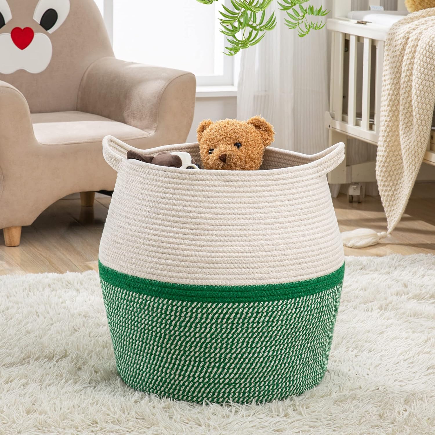 KAKAMAY Woven Baskets for Storage(17"x17"),Large Cotton Rope Woven Baby Laundry Hamper,Collapsible Laundry Basket, Blanket Basket for Organizing Living Room,Nursery,Pillows,Toy Chest(Green) - Image 4