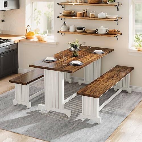 Tribesigns 47-Inch Small Dining Table Set for 2, 3-Piece Kitchen Table with 2 Benches, Farmhouse Wood Dinner Furniture for Narrow Space, Apartment, White & Rustic Brown