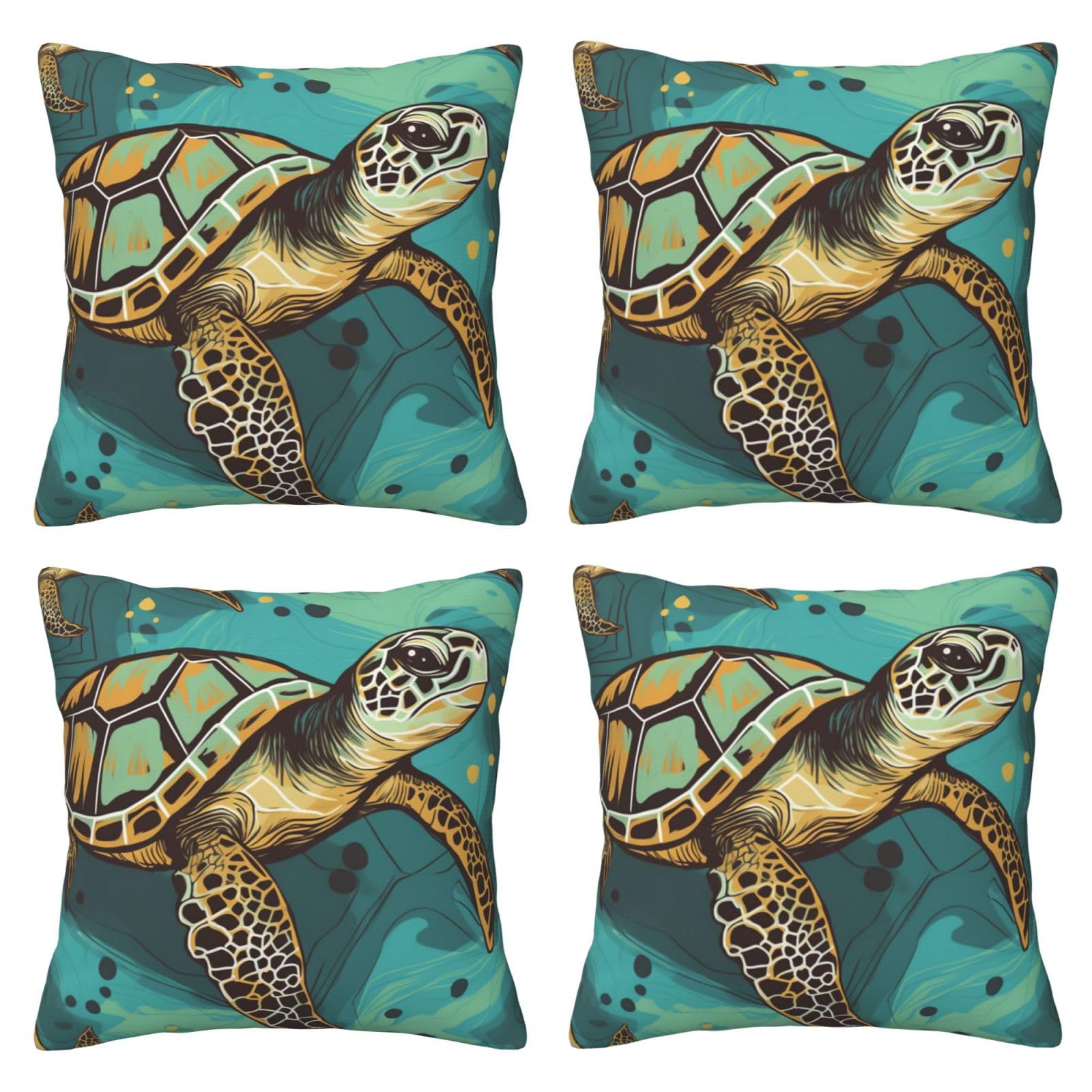 Sea Turtle print Throw Pillow Cases 4 Pack Square Pillowcases Super Soft Pillow Protectors With Zipper for Couch Livingroom Sofa Bed Office Car,50x50 CM