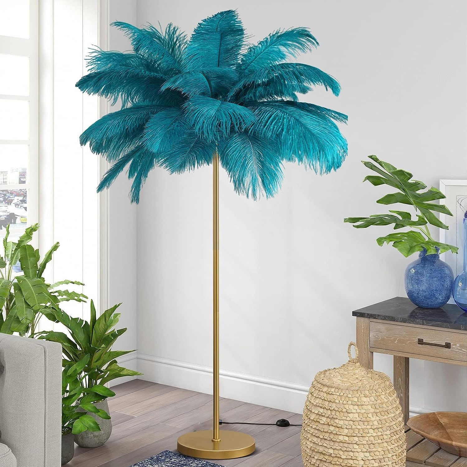 Feather Lamp Ostrich Feather Floor Lamp Simple Bedroom and Living Room Decor Lamp Tall Lamp Standing Light for Bedroom with Feather Lampshade LED Floor Lamp Dimmable Ostrich Feather Standing Lamp