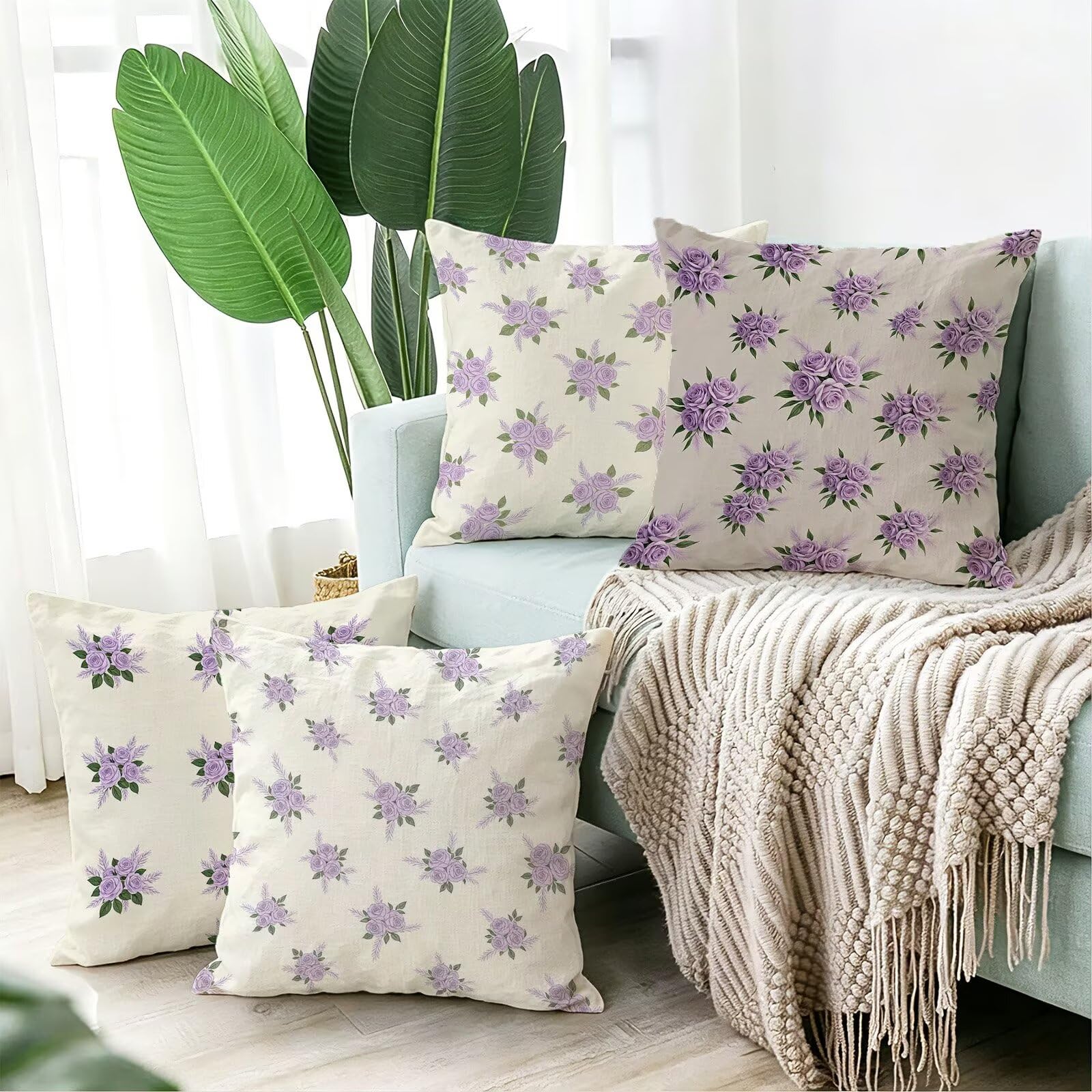 Viola Federe Cuscini Divano 45x45cm, Cuscini da Esterno Set de 4, Cod-48 | Velour Copricuscini Decorativi Letto Arredo, per Letto, Soggiorno, Giardino, Esterno, Casa Decorazione Set di 4 Fiore