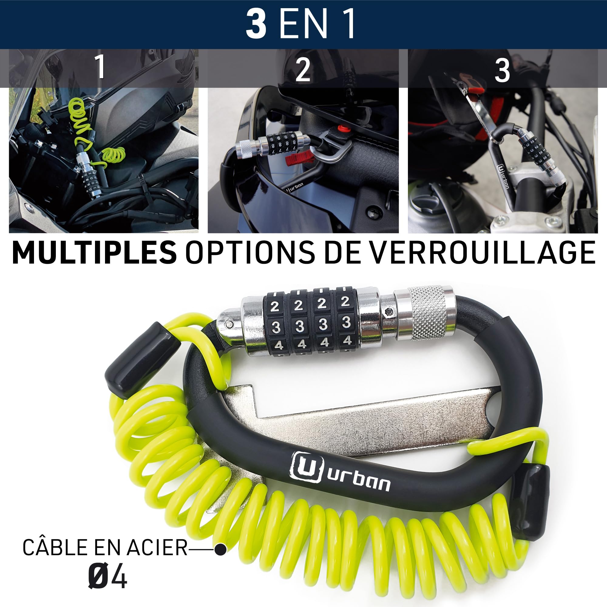 URBAN UR140 Antivol Casque Moto, Mousqueton à Code 4 Chiffres Plus Sécurisé, Adaptateur T Boucle, Câble de Sécurité en Acier Tressé Plus Visible, Accessoire Anti vol Universel pour Casque de Moto Velo