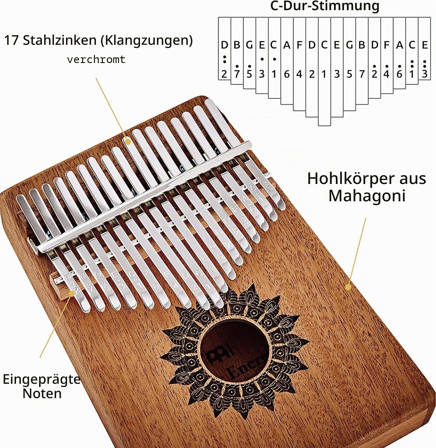 Sonic Energy Soundhole Kalimba, 17 Töne, Mahagoni (KL1708H) | C-Dur, 440 Hz, mit Schallloch, matt, inkl. Etui, Hülle, Tuch und Stimmhammer, Mahagoniholz, Stahl