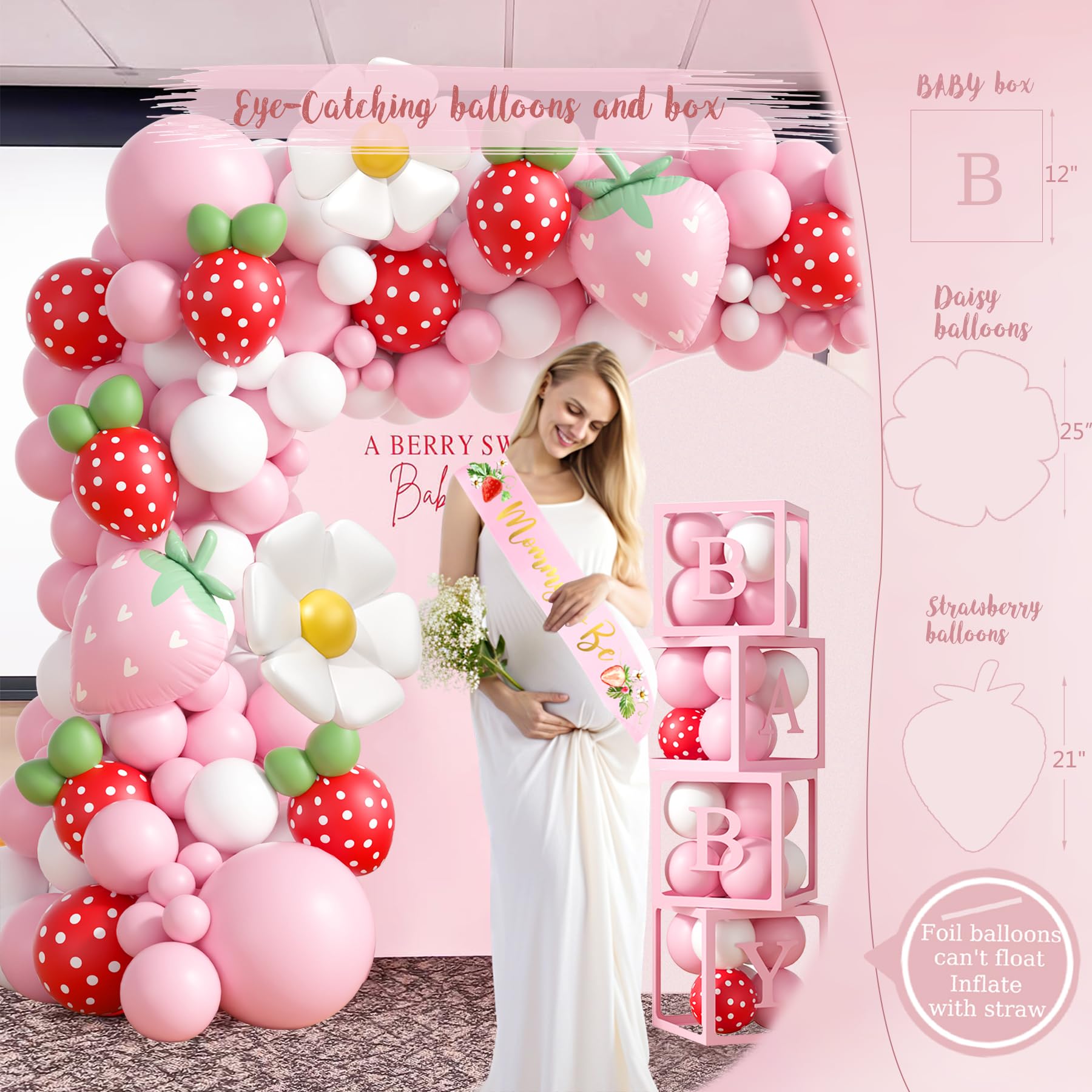 Strawberry Baby Shower Decorations, A Berry Sweet Baby Is On The Way Party Supplies, It's a Girl Gender Reveal, Backdrop Balloon Arch Box Mom to Be Sash Dad to Be Pin Tablecloths Cake Topper