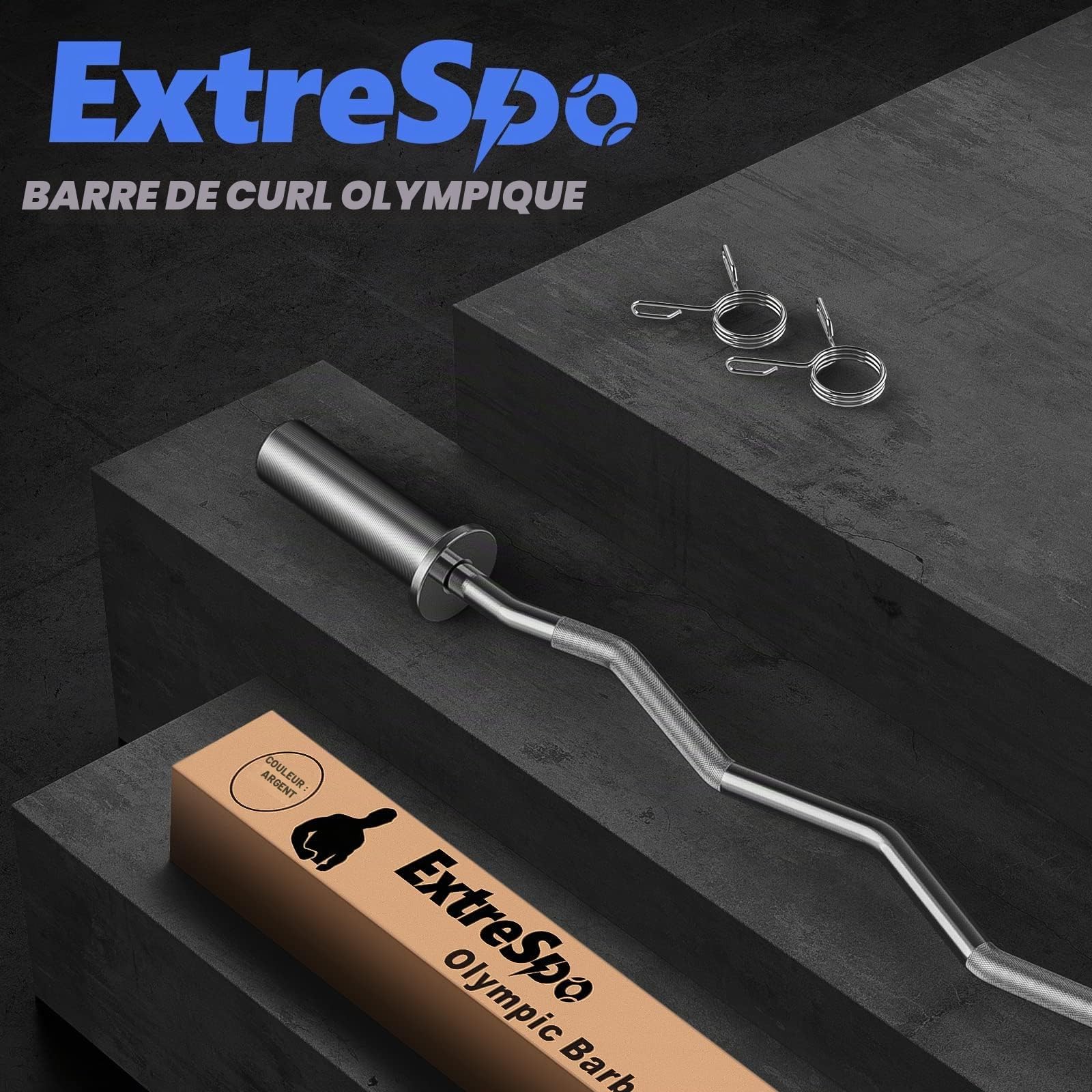 Olympic EZ Curl Barre d'haltère bouclée de 119,4 cm pour haltérophilie, poussées de hanches, squats, biceps, gym à domicile, barre de bouclagechromée avec 2 colliers à ressort pour disques de poids