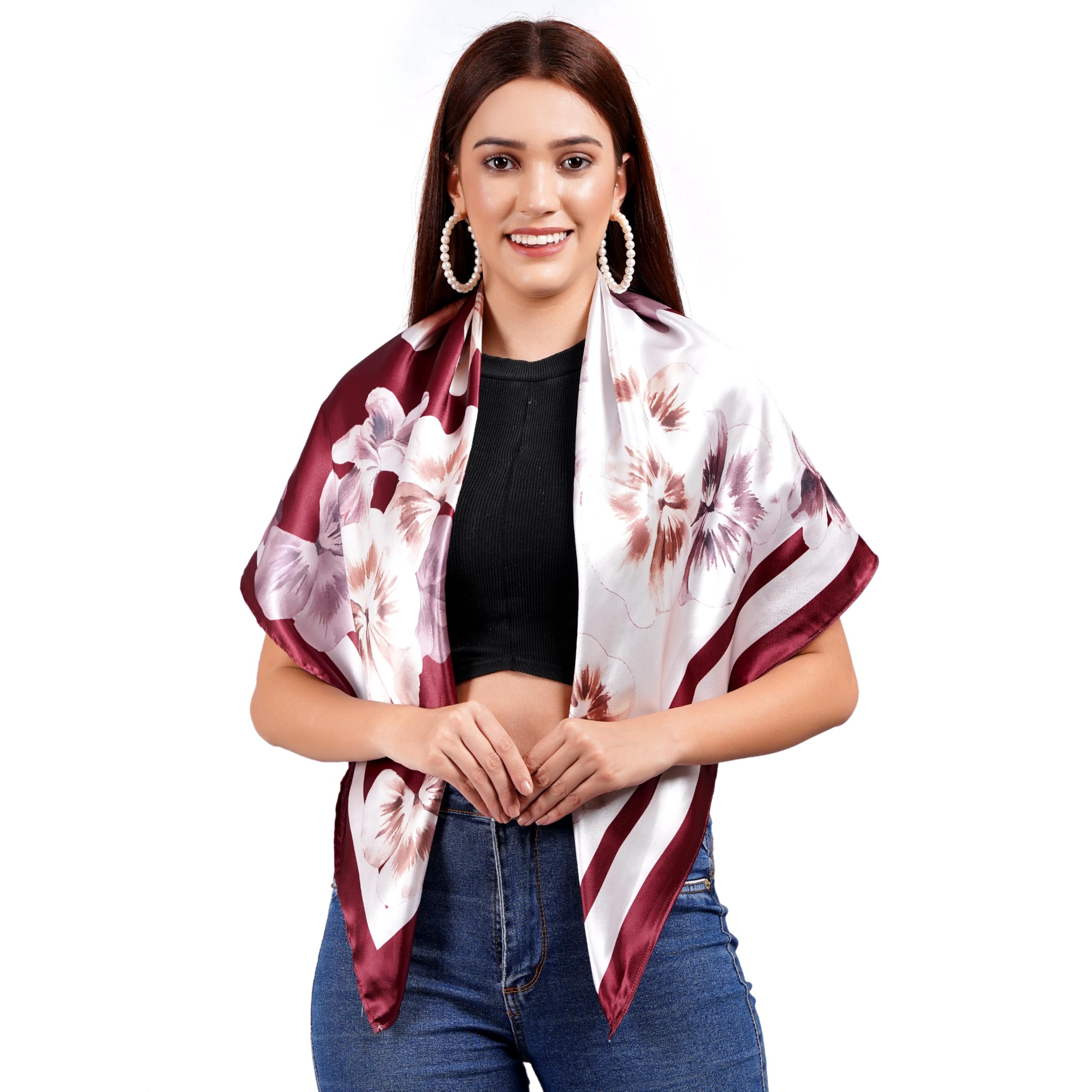 Floral Print Japan Satin Polyester Silk Scarf, Burgundy and White, Square Fashion Neck Wrap for Women-image-23