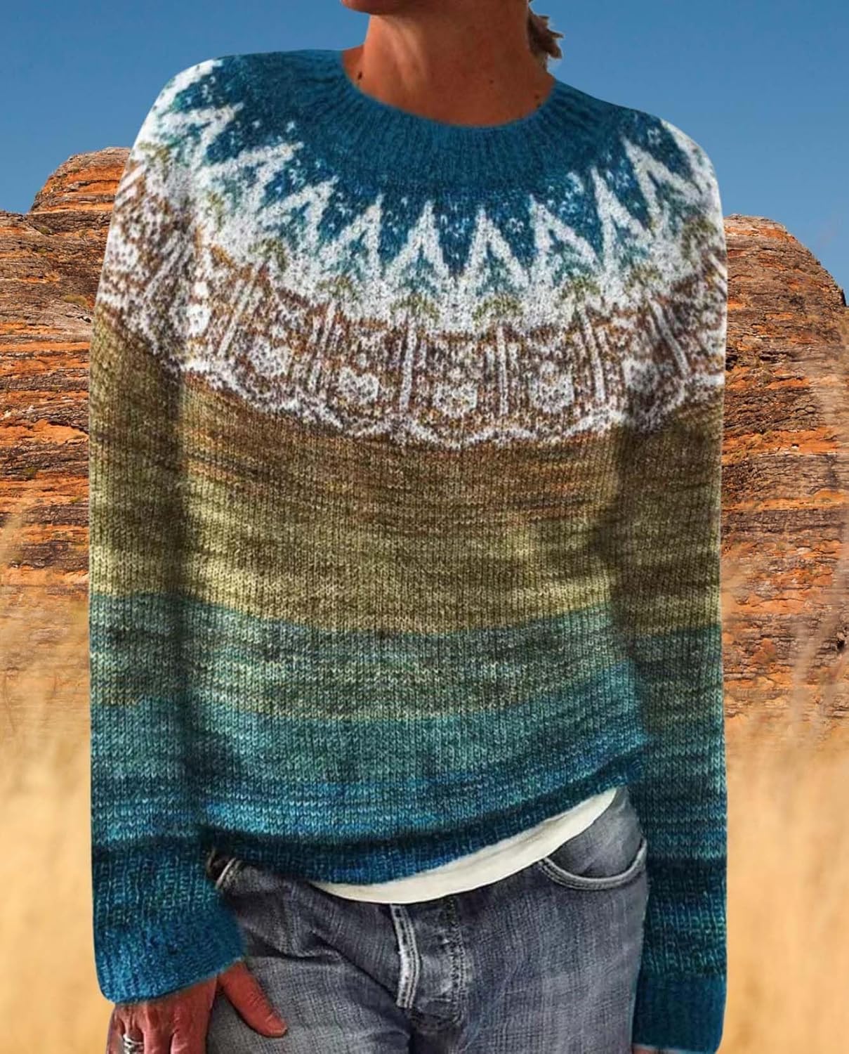 LIZALIG Women's Fair Isle Knit Pullover Sweater Oversized Casual Loose Crewneck Vintage Striped Long Sleeve Jumper Tops - Image 6