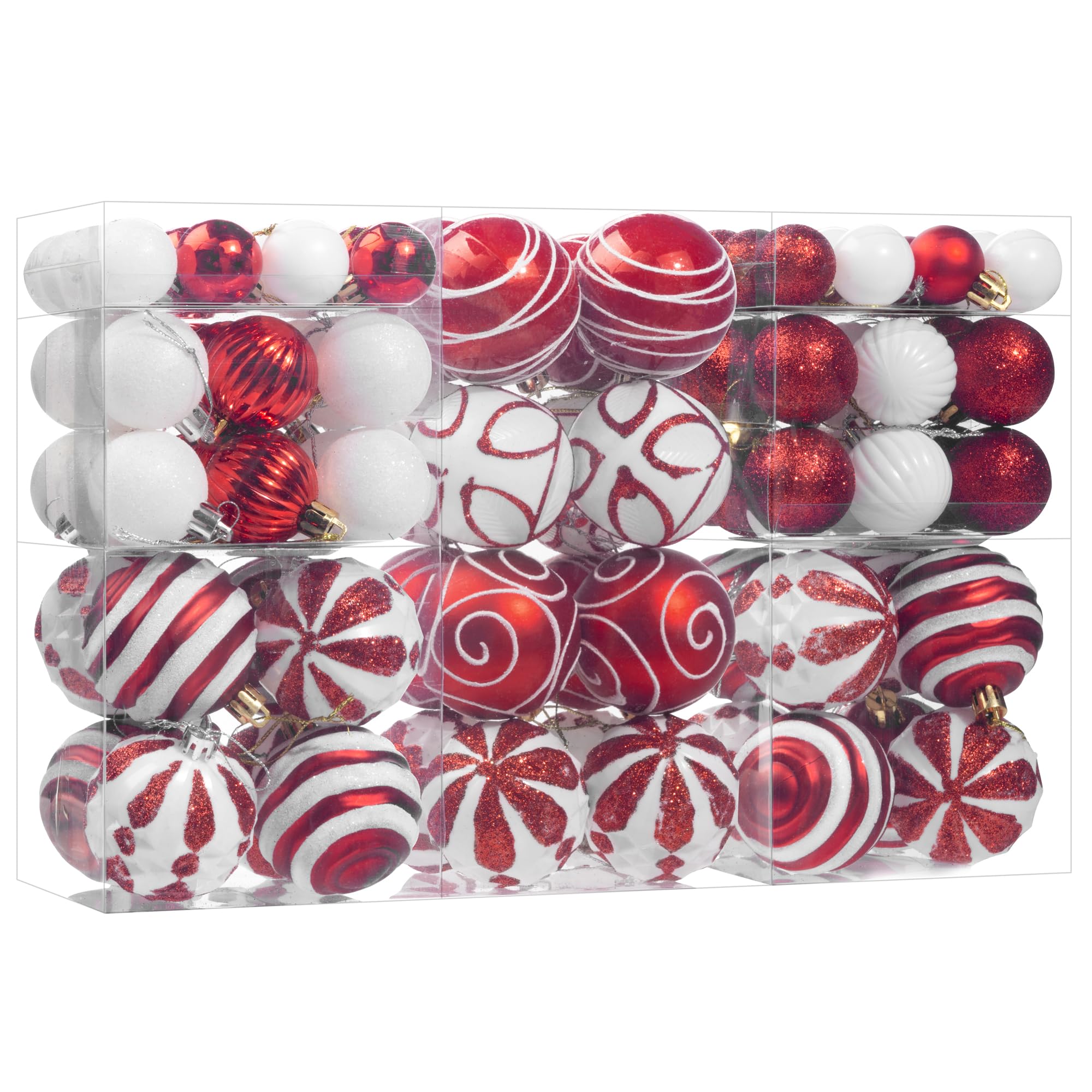 Juego de 100 adornos de bolas de Navidad, decoraciones de Navidad inastillables con paquete de regalo de mano para árbol de Navidad, vacaciones, boda, vacaciones, decoración de fiesta (rojo y blanco)