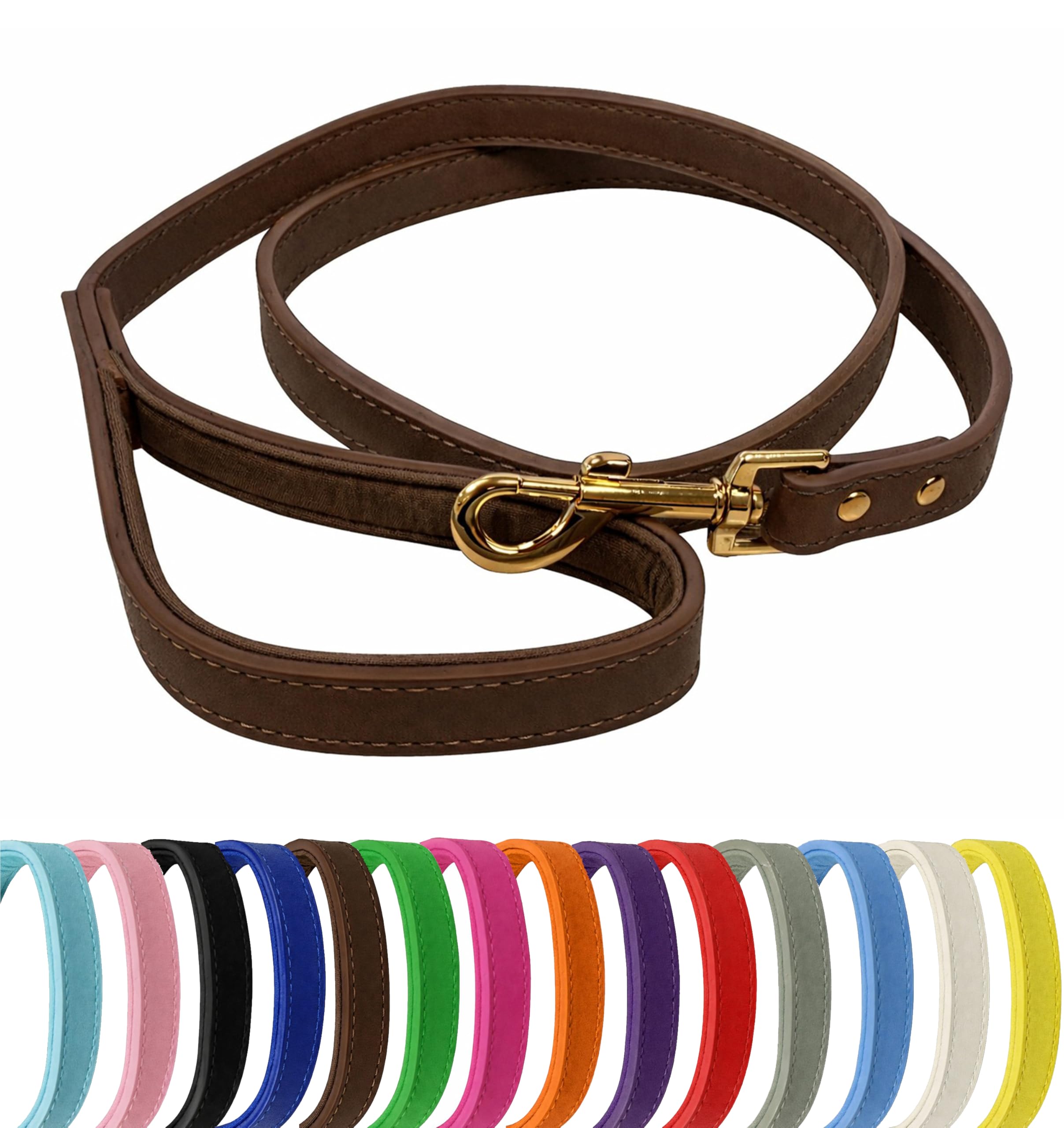 Vibrant Genuine Leather Dog Lead with Soft Neoprene Padded Handle & Metal 360° Swivel Clasp 120cm Leash (Brown, Small (1.5cm Wide))