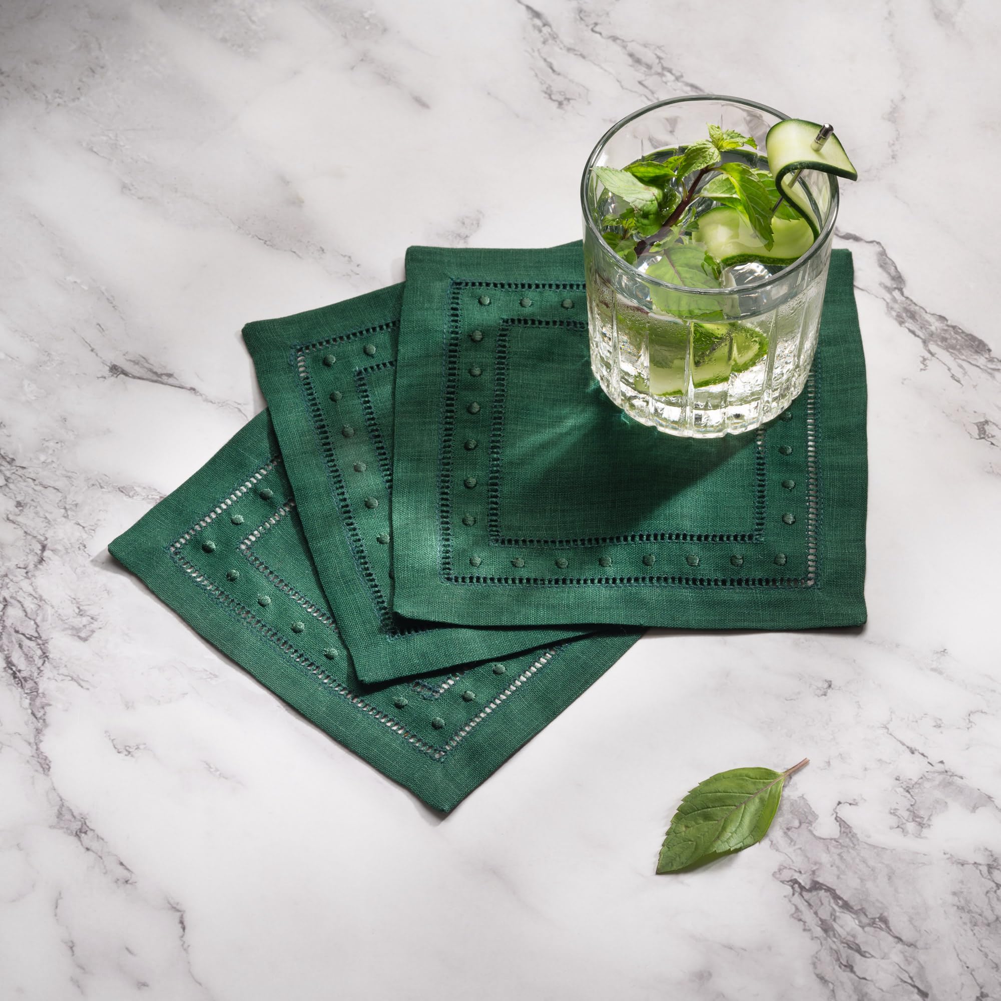 Cocktail-Servietten aus Leinen, 15,2 x 15,2 cm, 100 % reines Leinen, Waldgrün, mit gesticktem Punkt, 12 Stück, Hohlsaum-Servietten, waschbar für Herbst, Thanksgiving und Weihnachtsferien