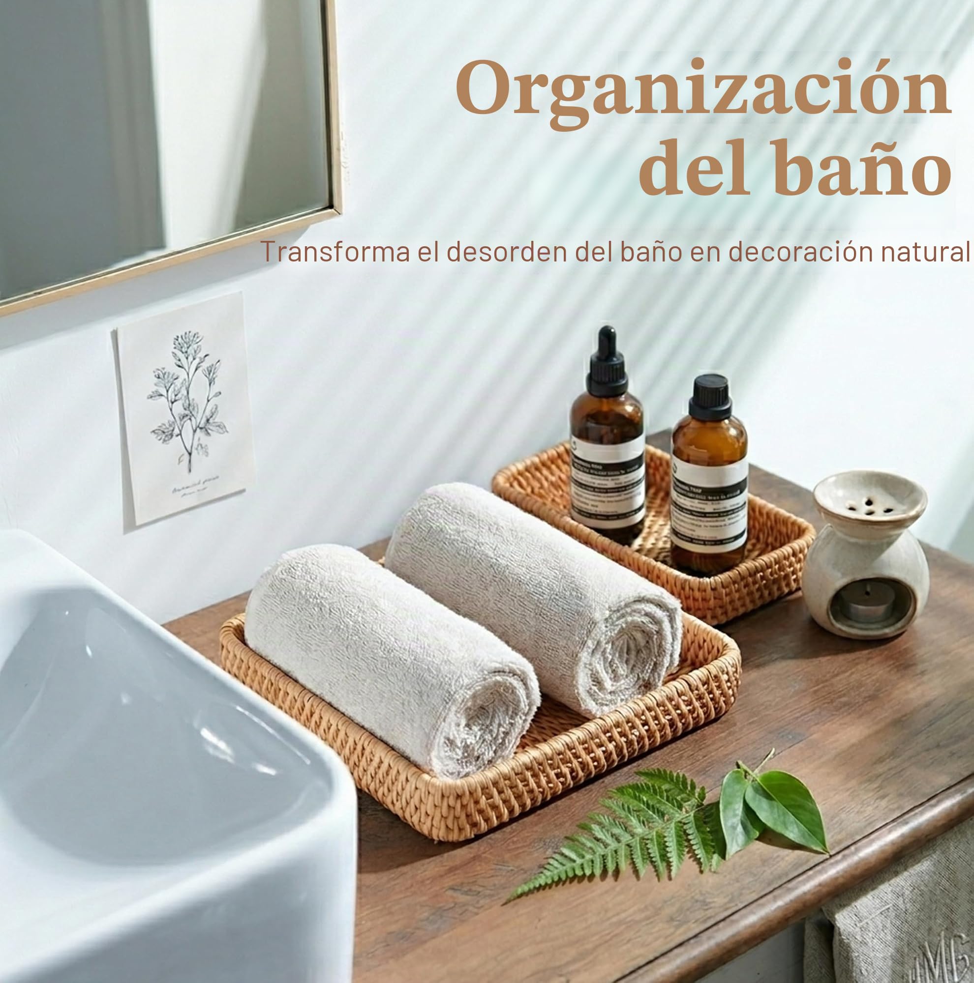 Bandeja de ratán para servir, bandeja tejida rectangular, cestas decorativas de mimbre natural para organizar la mesa, baño, encimera de cocina (natural)