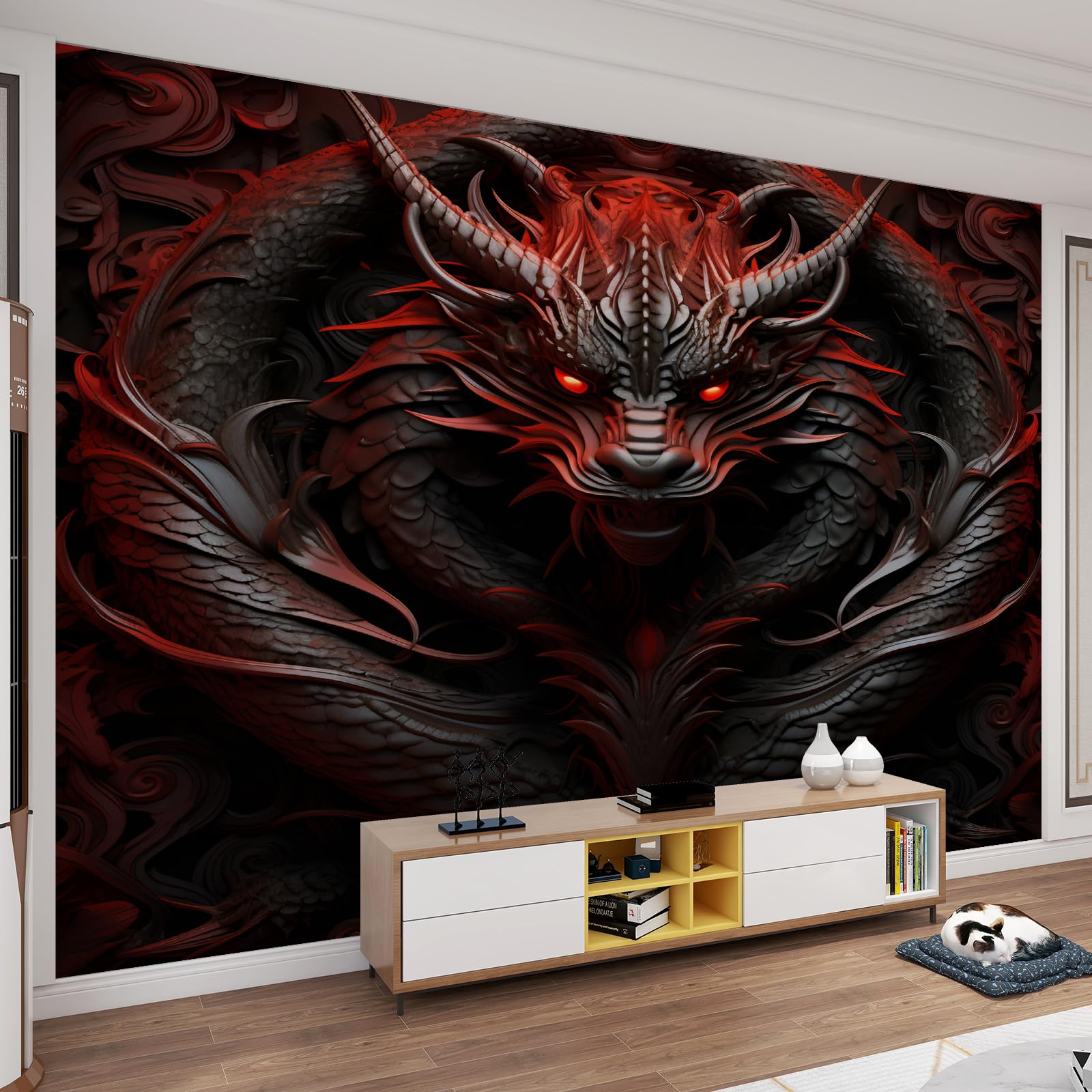 Papier peint dragon rouge 3D intissé 200x140 cm pour salon et chambre