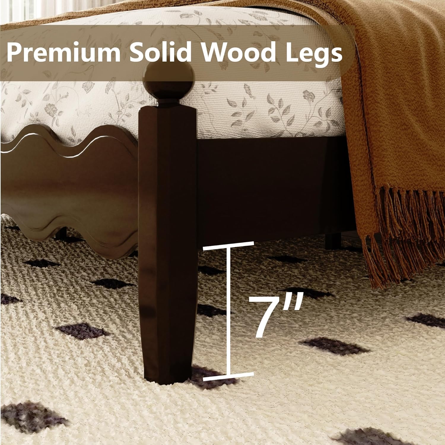 Wood Bed Frame Queen with Vintage Wave Headboard, 48" Tall Velvet Upholstered Bed Frame, Mattress Foundation, No Box Spring Needed, Easy Assembly, Green