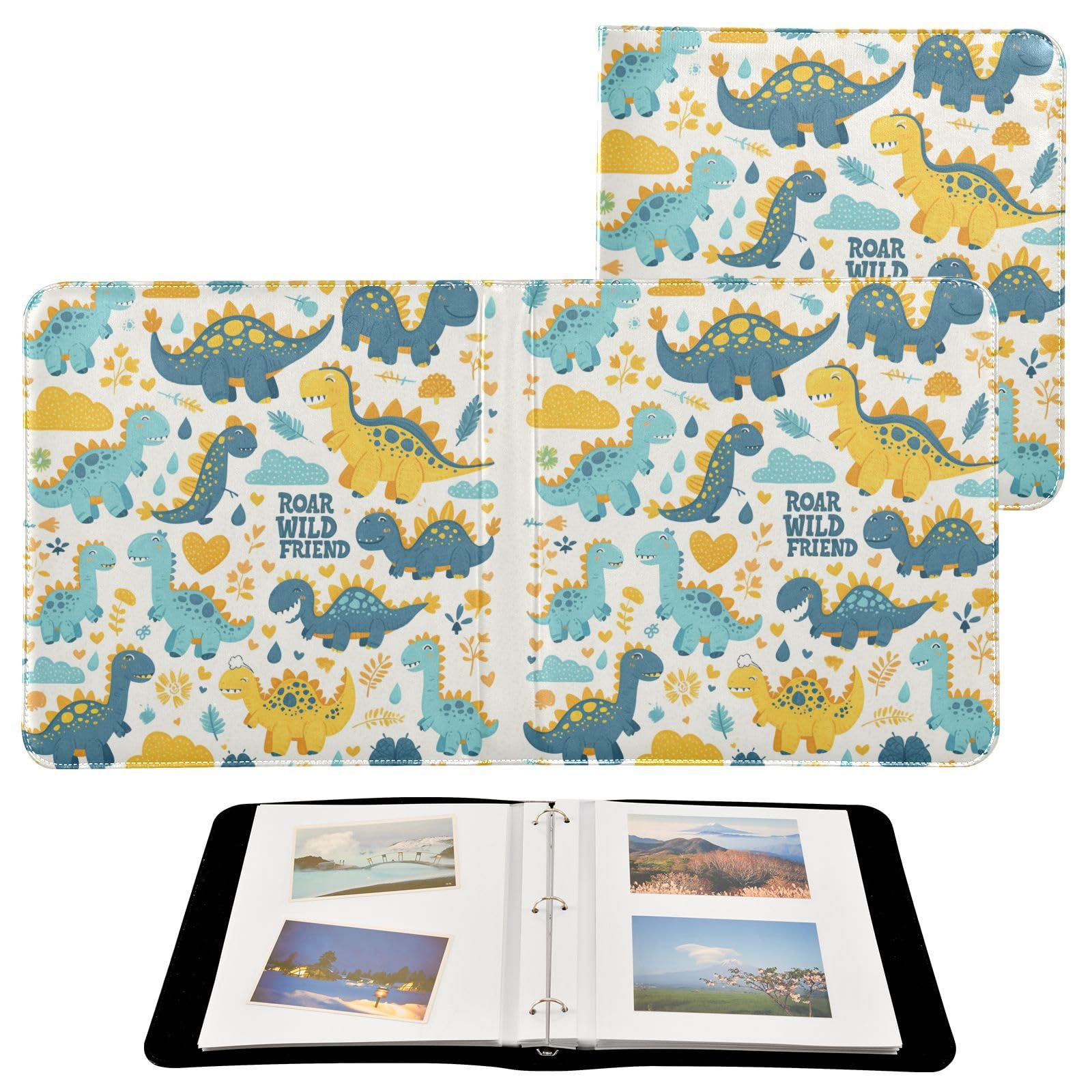 Kigai Cute Dinosaur Photo Album Self Adhesive Scrapbook Album Leather Cover DIY Picture Scrap Book with 20 Adhesive Sheets, 11.8x24x0.8 inch