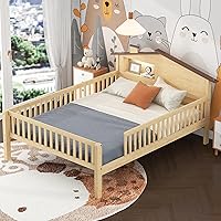 Vista 144 de Modern Full Size Platform Bed Storage Headboard and Safety Guardrail for Kids, Function Wood Platform Bed Frame with Built-in LED Light for Boy