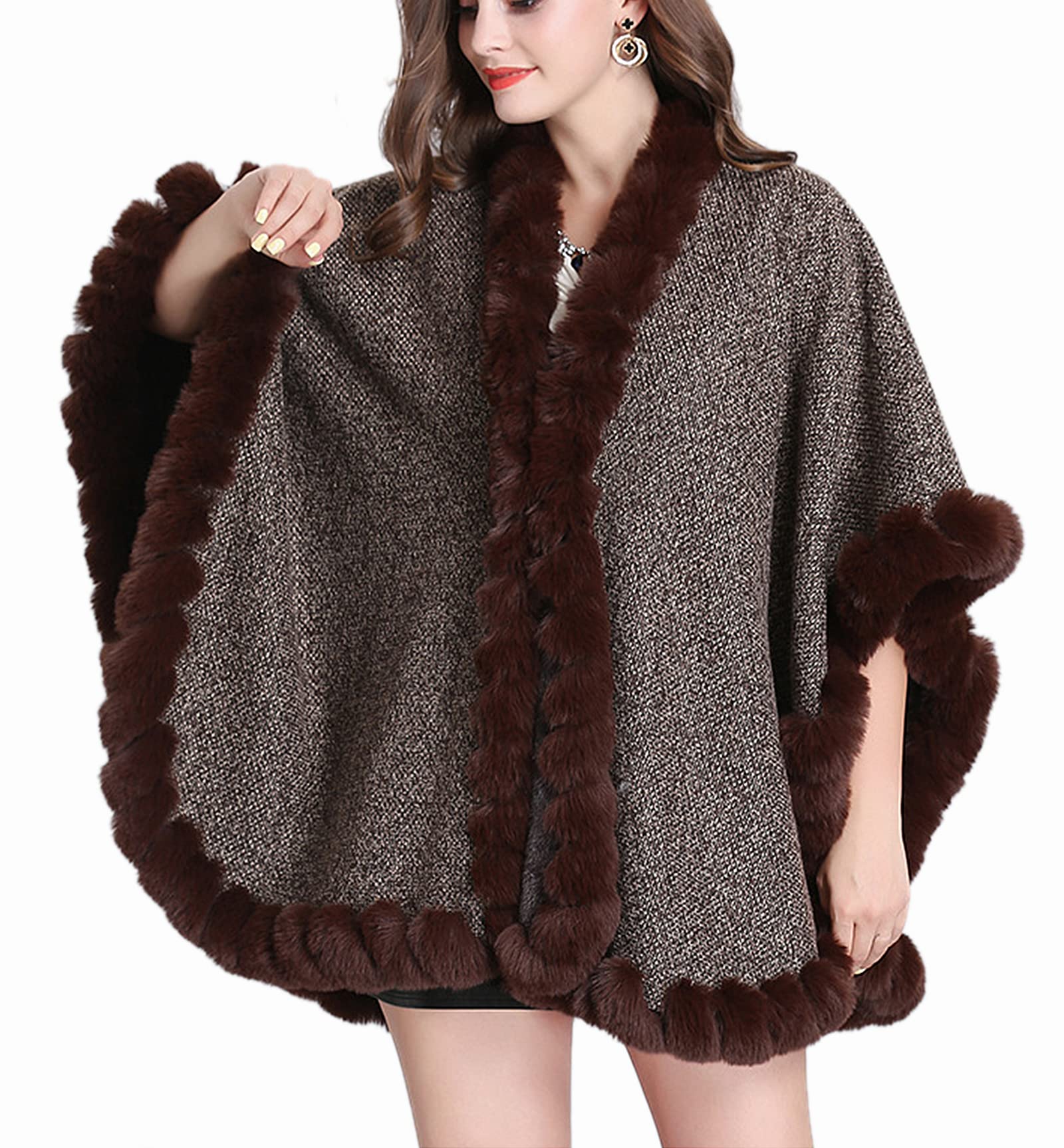 Wealish Women's Brown Cardigan Poncho Faux Rabbit Fur Cape Wrap Wool Warm Shawl,