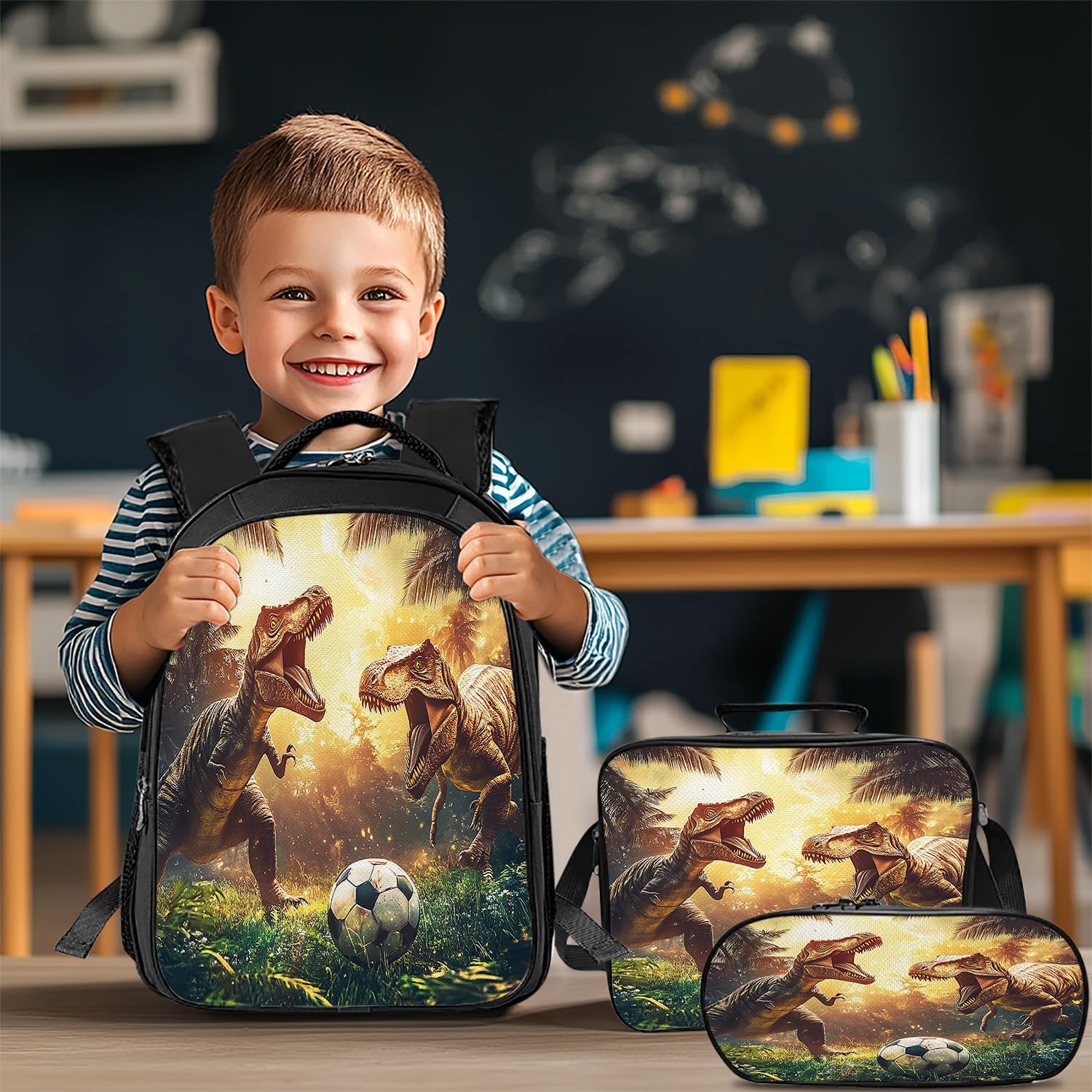 Funny Dinosaur Backpack Soccer School Bag 3PCS Backpack 16 Inch with Lunch Bag Set Lightweight for Teen Boys Girls Kids Elementary Middle School