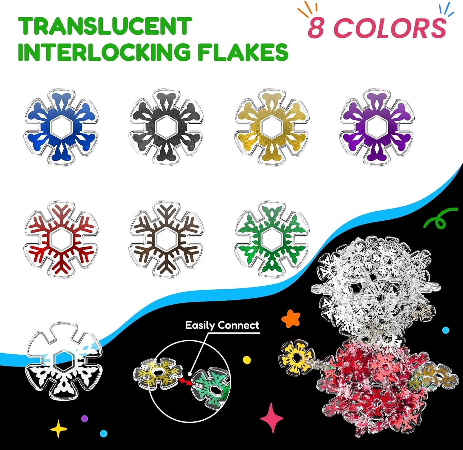 Translucent Snowflakes Interlocking Building Chips，360PCS Interlocking Discs, STEM Learning Construction Blocks Toys, Brain Development Playset for Girls and Boys Aged 4+