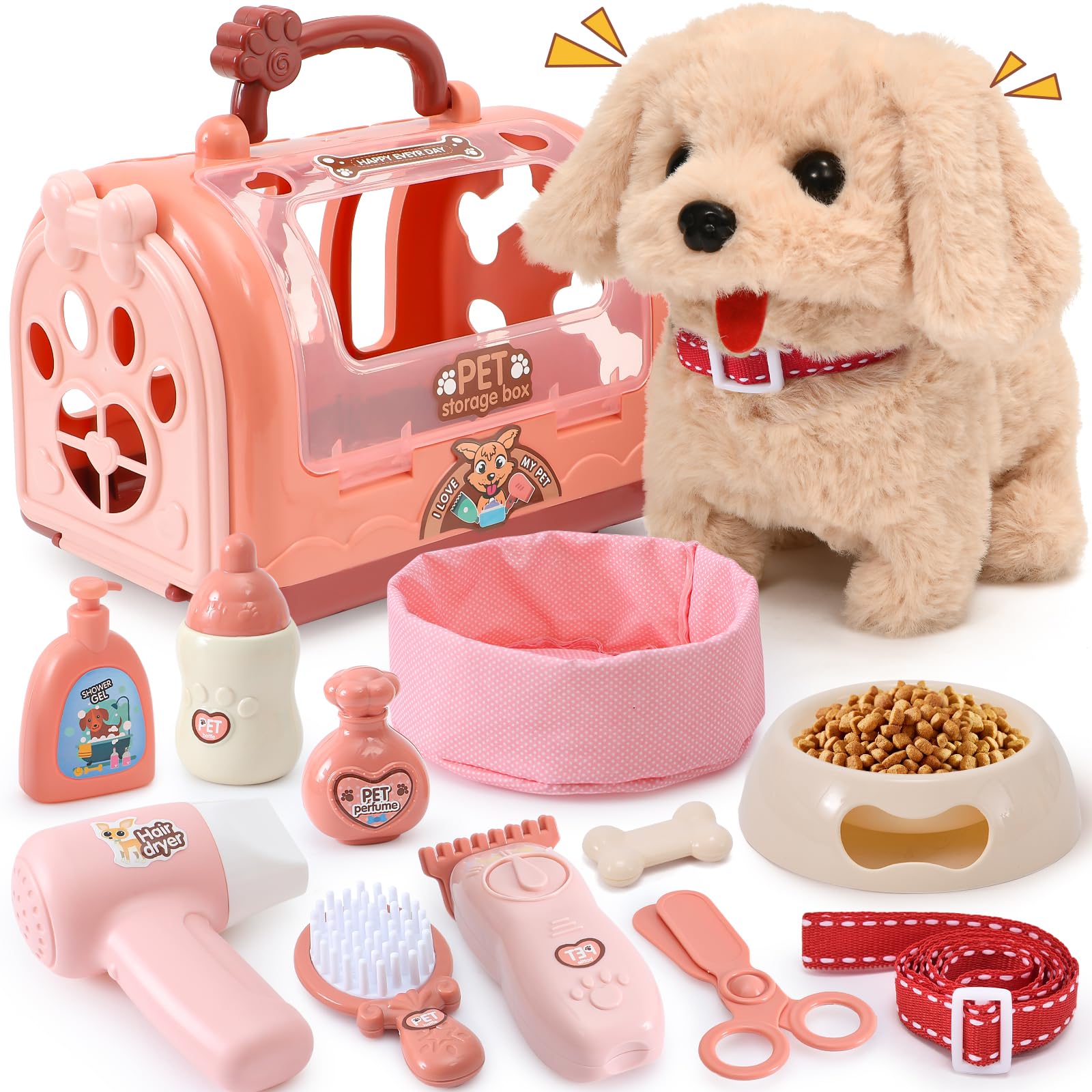 G.C Électrique Chien Jouet Enfant Peluche Chien Qui Marche Aboie et Secouer Queue avec Cage Laisse, Chien Interactif Jouet Toilettage Jeu de Rôle Cadeau Fille Jouet 3 4 5 6 Ans
