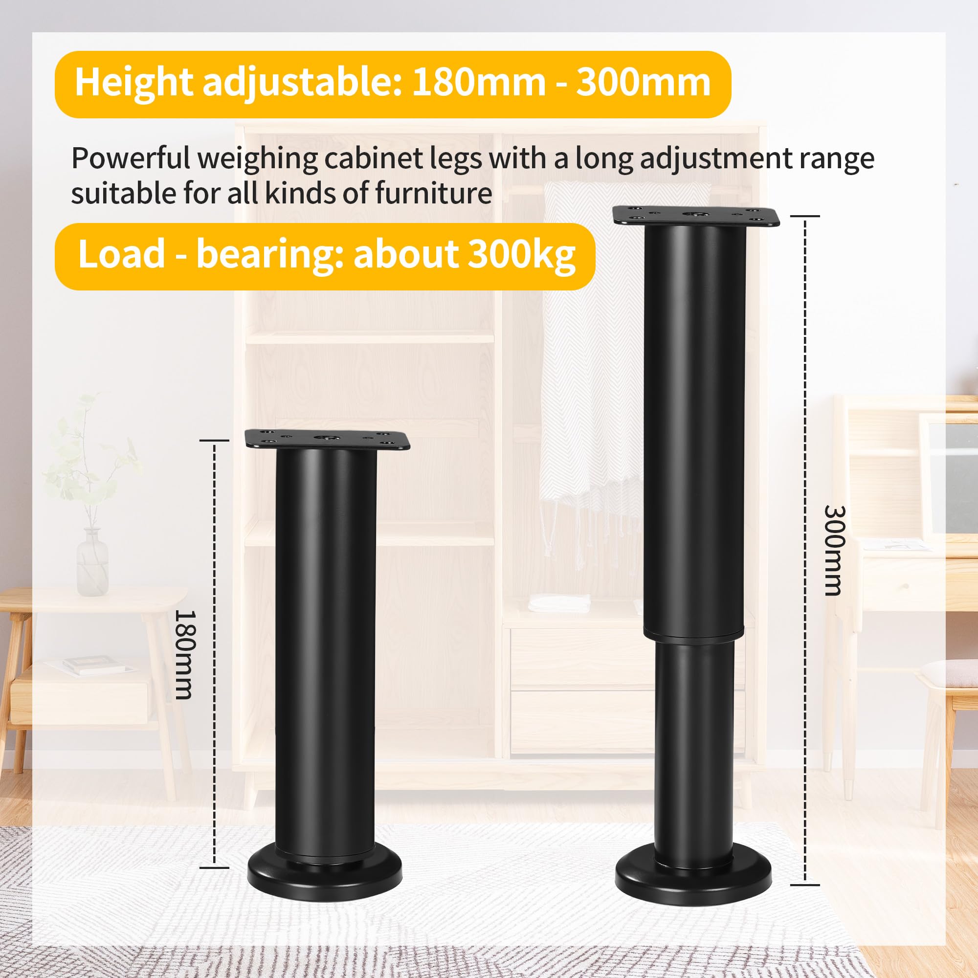 4 Stück verstellbare Möbelfüße, 18-30cm, Metall, Schwarz, geeignet für DIY-Möbelfüße für Schränke, Sofas, Tische, Stühle, TV-Ständer und Nachttische