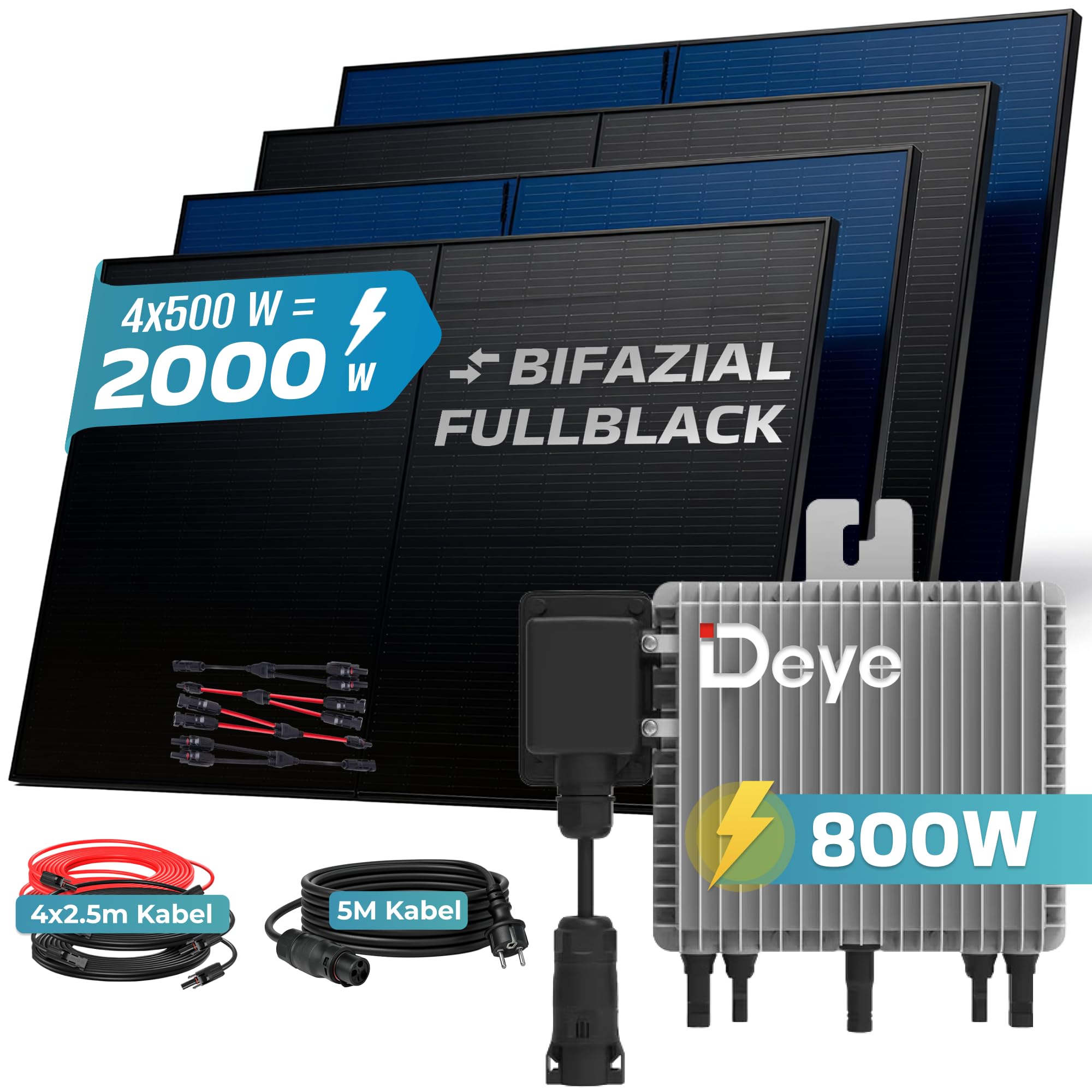 SUNNIVA® 2000W Balkonkraftwerk BIFAZIAL FULLBLACK komplett Steckdose DEYE 800W Wechselrichter, PV Solaranlage, 4x 500W Glas Solarmodule, inkl. 5m Kabel, Bluetooth WIFI, Komplettset