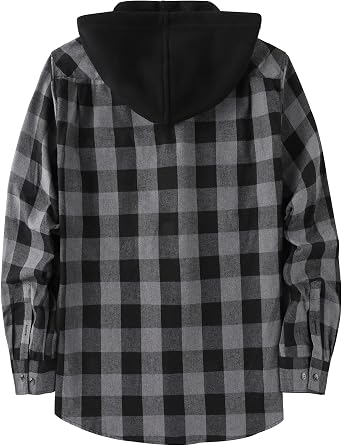 Hooded Flannel Shirt for Men Plaid Shirts Long Sleeve Flannel Jacket Button-Down Shirt Jacket with Hood