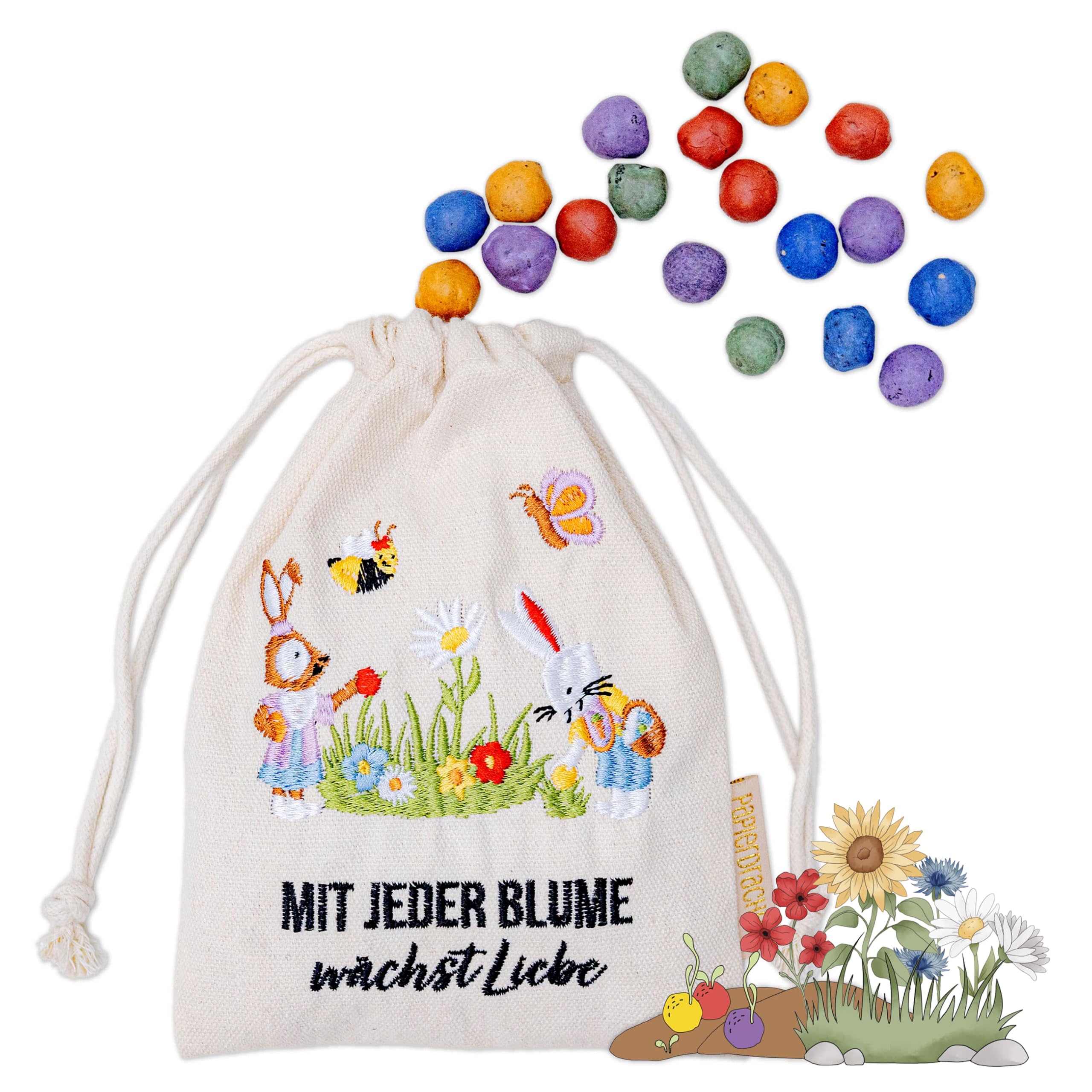 Papierdrachen 20 bolas de flores con saquito de conejo de Pascua – Semillas de flores – Pascua – Bordado colorido – Abejas – Regalo sostenible