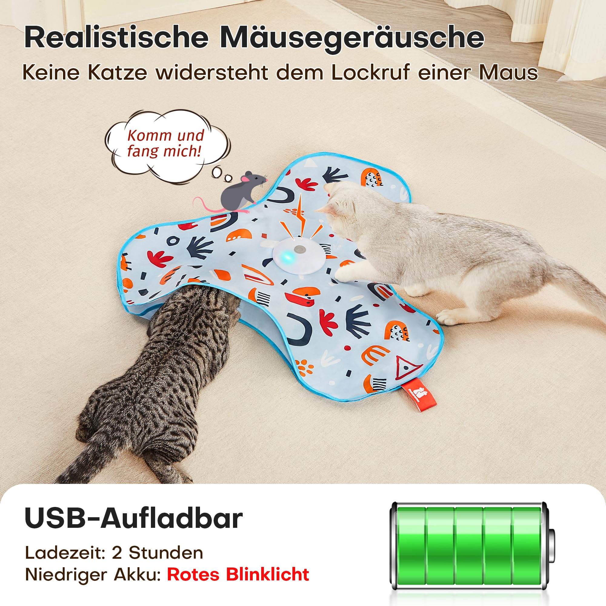 Potaroma Interaktives Katzenspielzeug mit Federautomatik - Wiederaufladbar, berührungsaktiviert mit Mausgeräuschen, ideales Bewegungsspielzeug für aktive Wohnungskatzen Blumenmuster-Abdeckung