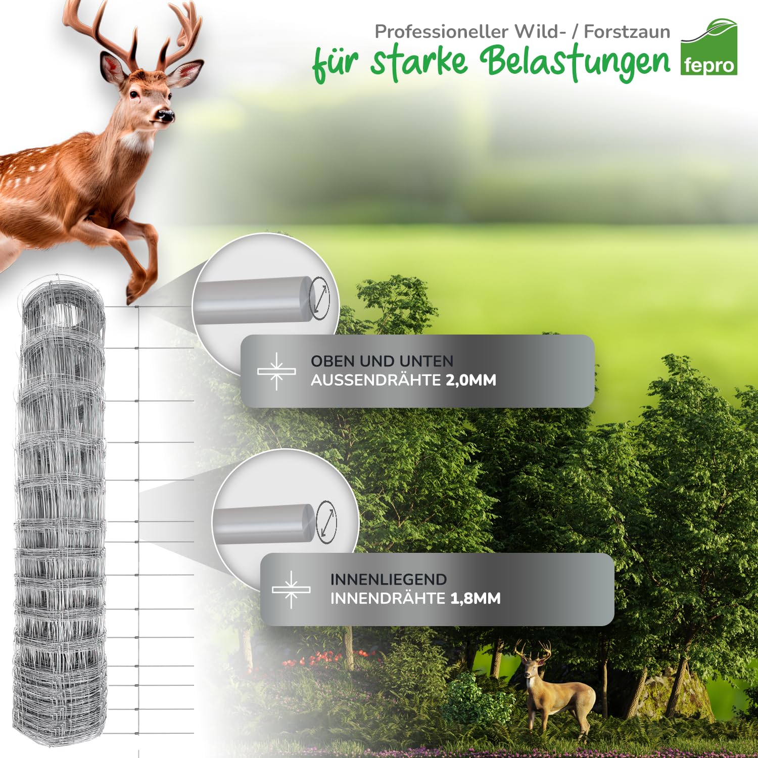 Panorama24 Wildzaun 150/13/15 50m Gartenzaun, Wildzaun, Weidezaun, Forstzaun, Drahtzaun, Knotengeflecht, STARK GEGEN Hirsche, Rehe, Wildschweine, Dachse, Hasen & mehr Wildtiere & Schadtiere
