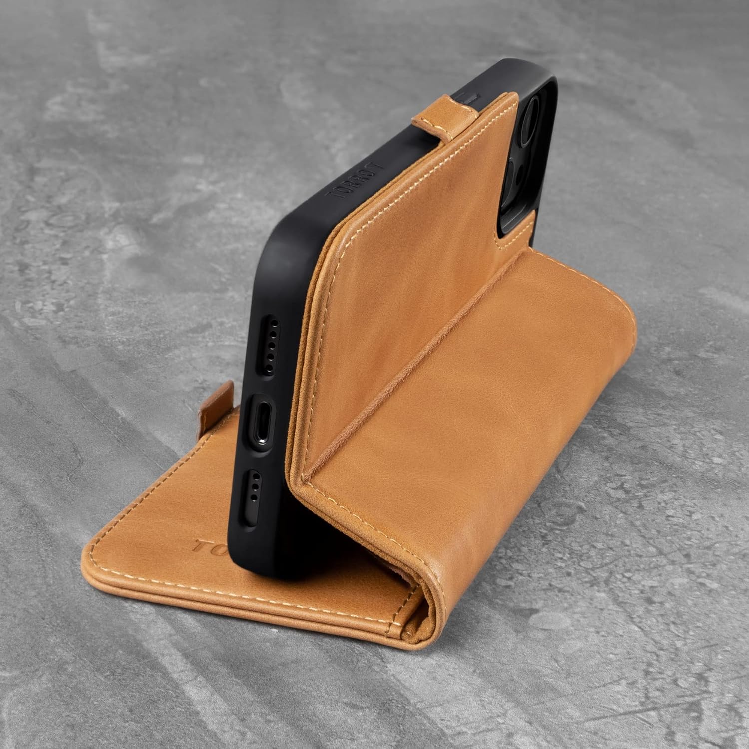 TORRO Case Compatible with iPhone 13 – Premium Leather Wallet Case with Kickstand and Card Slots (Tan)