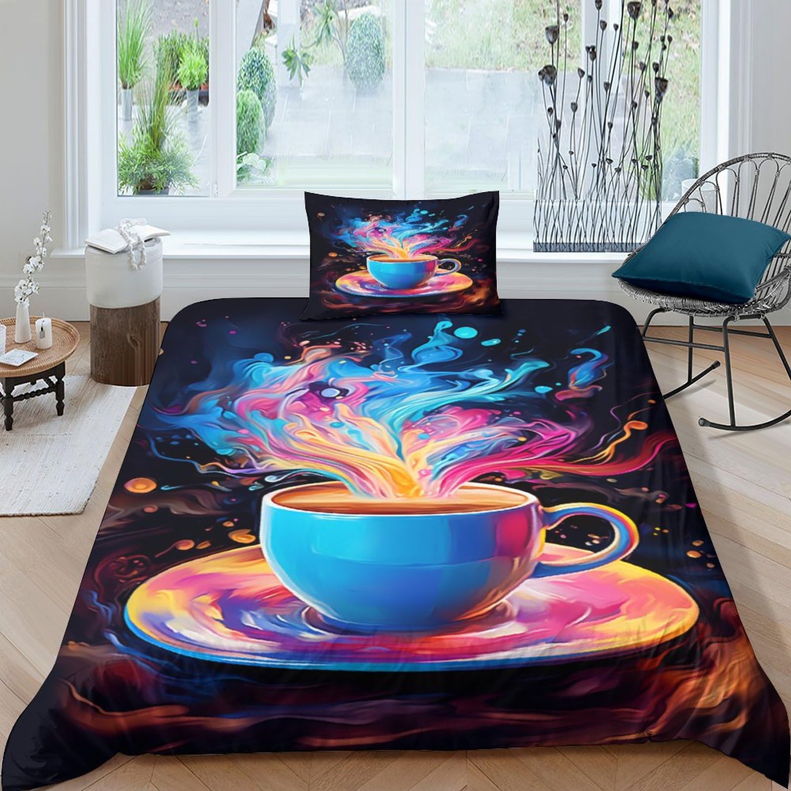 Housse de couette tasse à café colorée parure de lit 3 pièces microfibre respirante 135x200