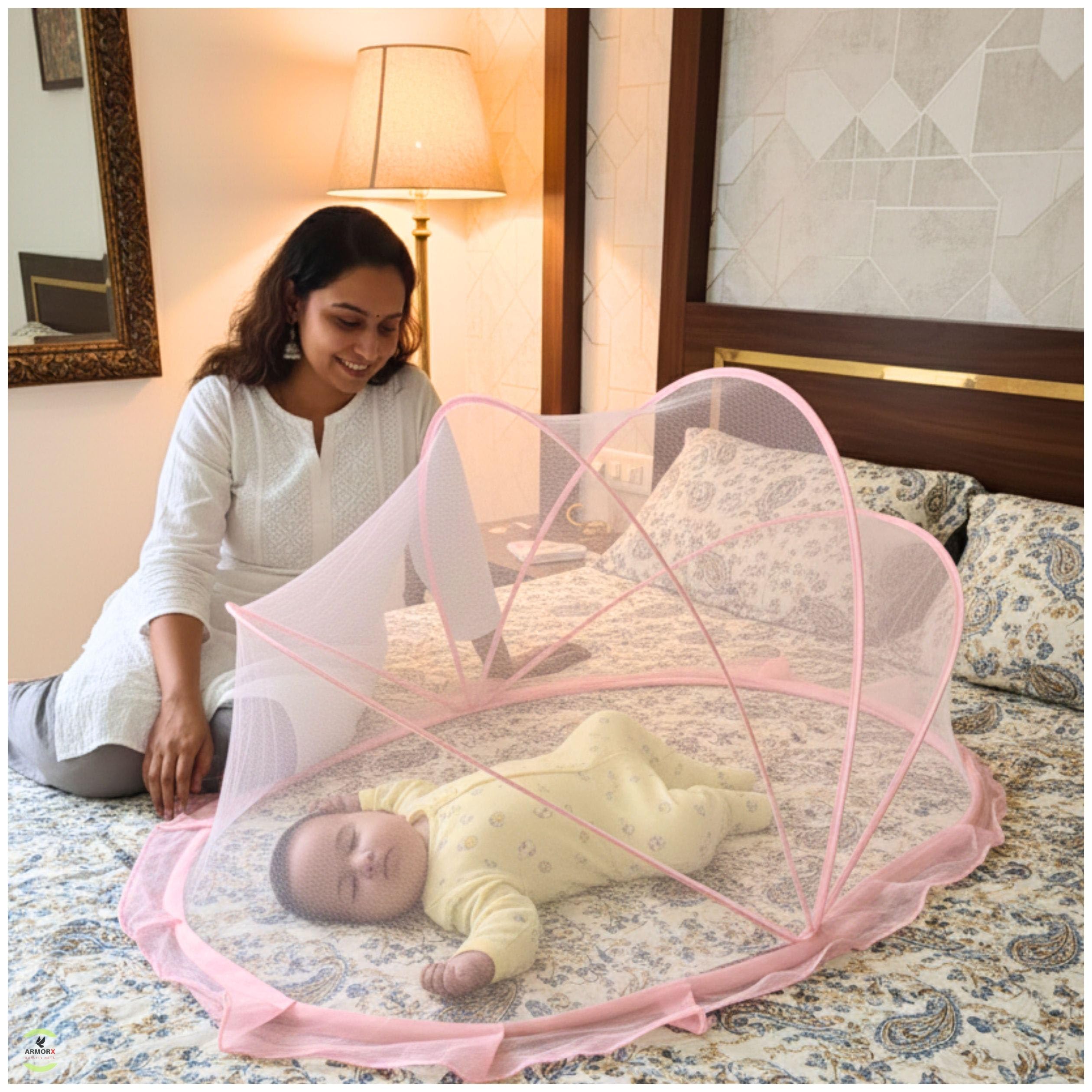 ArmorX Baby Mosquito Net for Bed, Cot, Crib | Bubblegum Pink | Newborn - 24 Months | Foldable, Washable & Breathable Insect Mesh with Easy to Carry Travel Bag | Chemical-Free Protection for Toddlers