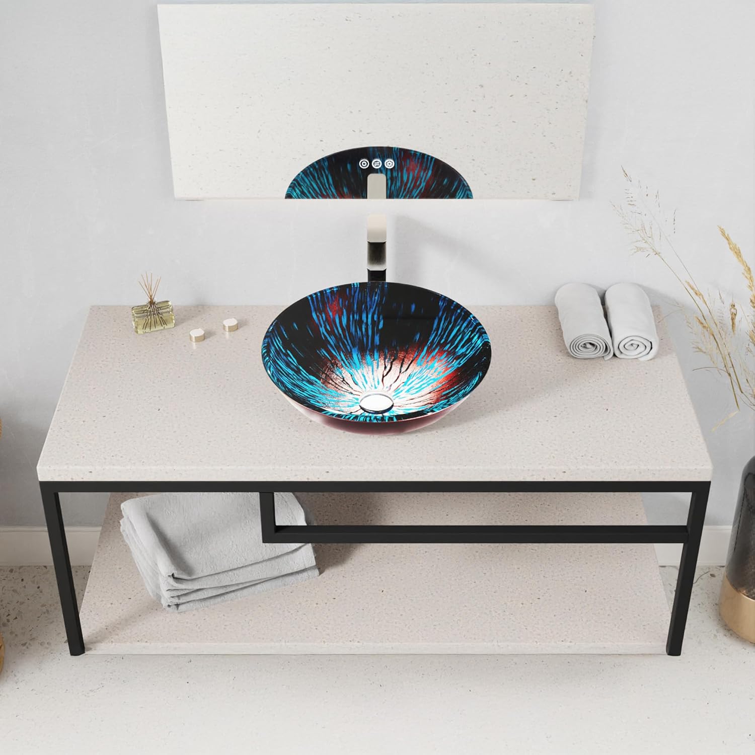 ANZZI Belissima Series Round Tempered Glass Vessel Bathroom Sink with Stellar Burst Finish | 16.5 in. L x 16.5 in. W x 5.7 in. H | Bathroom Sink with Chrome Pop-Up Drain | LS-AZ916
