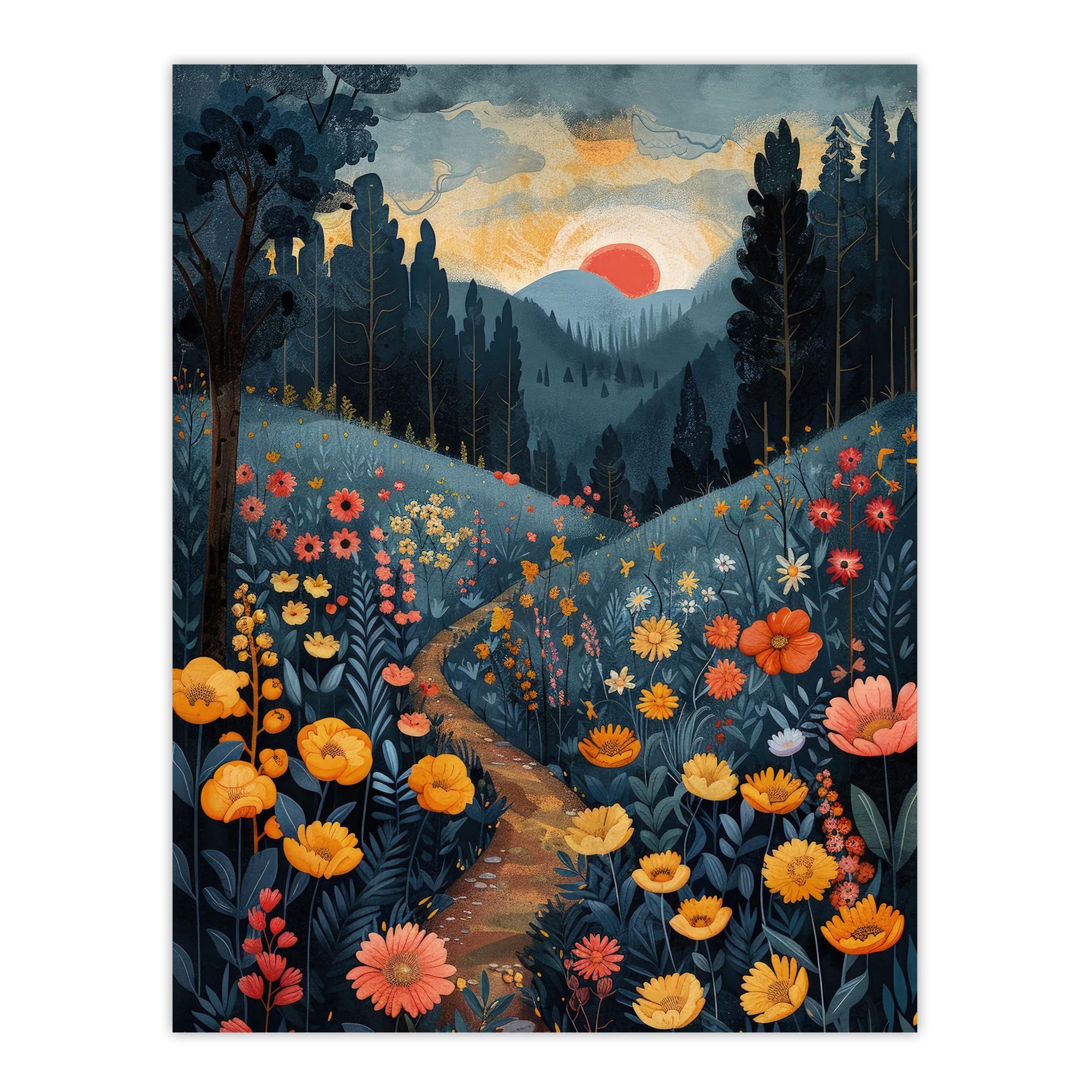 Wall Art Print - Wildflower Path at Sunset - Floral Nature Landscape Poster - W24 inch x H32 inch - Blue