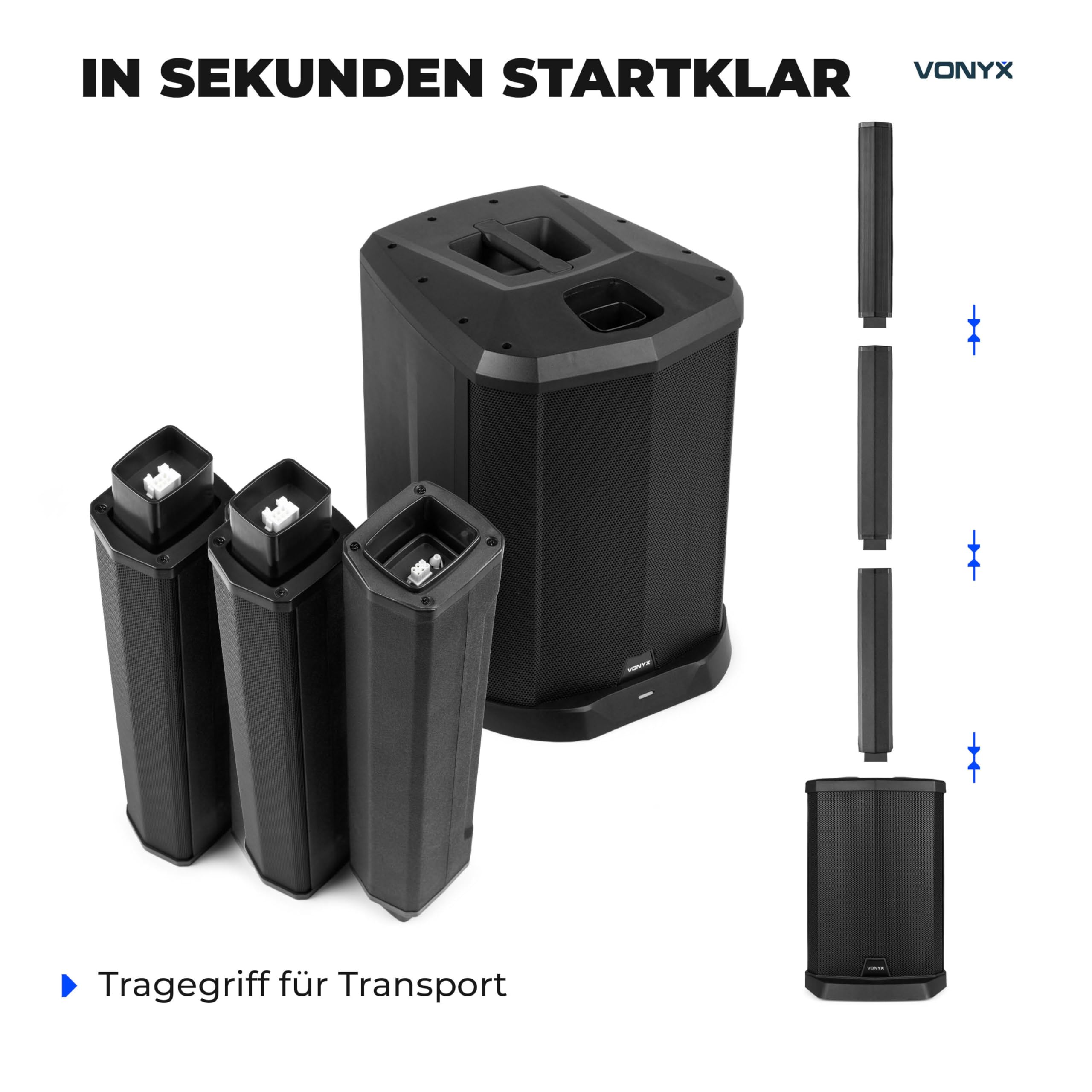 Vonyx VX808 Column Speaker System - 2er Set - PA Anlage Aktiv, 640 Watt Line Array Säulenlautsprecher, 8 Zoll Subwoofer Aktiv, Stereo Pairing, Bluetooth 5.0, DJ Anlage Komplett Set, PA Lautsprecher