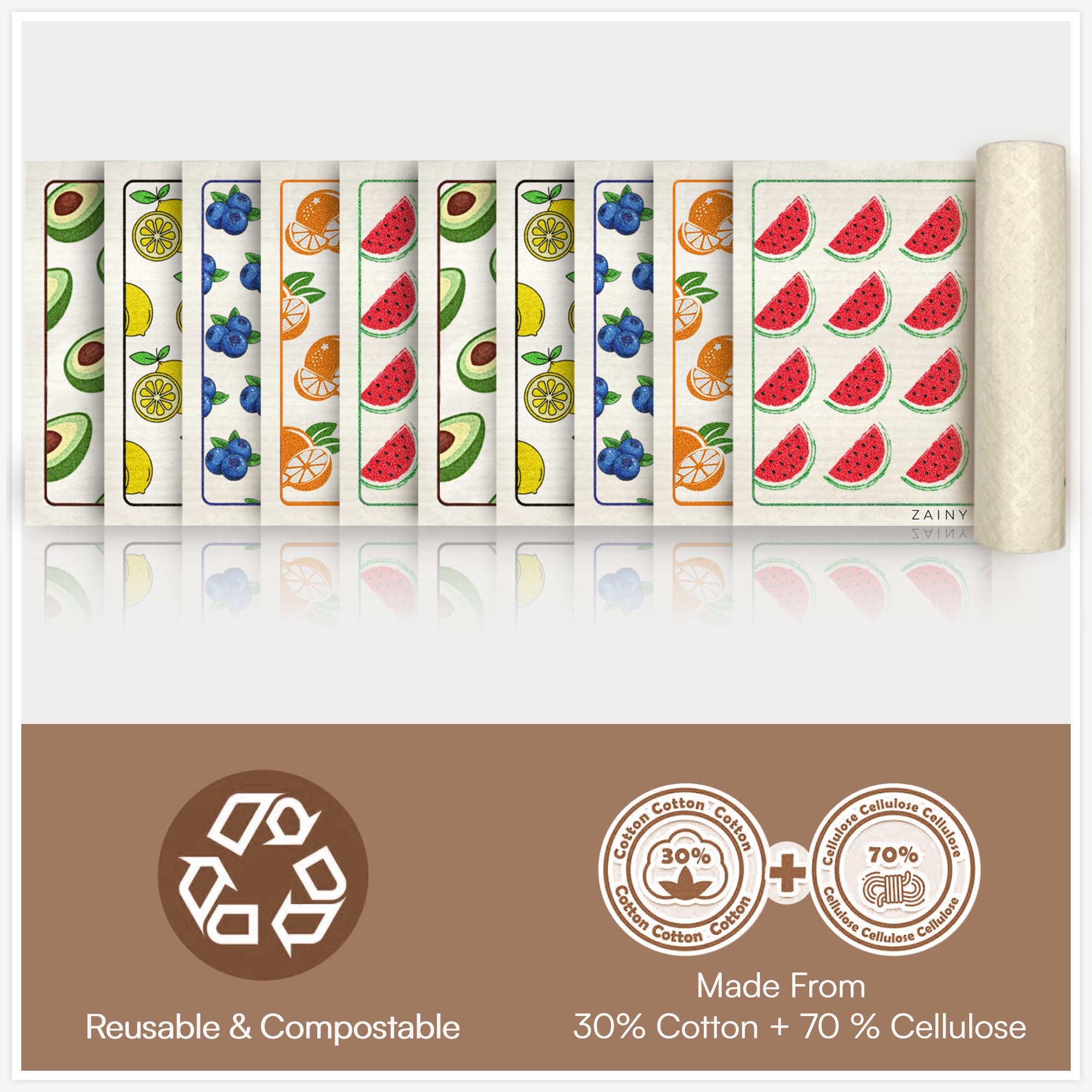 ZAINY Paquete de 10 paños suecos para cocina, reutilizables, ecológicos, de secado rápido y sin olor, toallas de papel lavables súper absorbentes para platos y superficies
